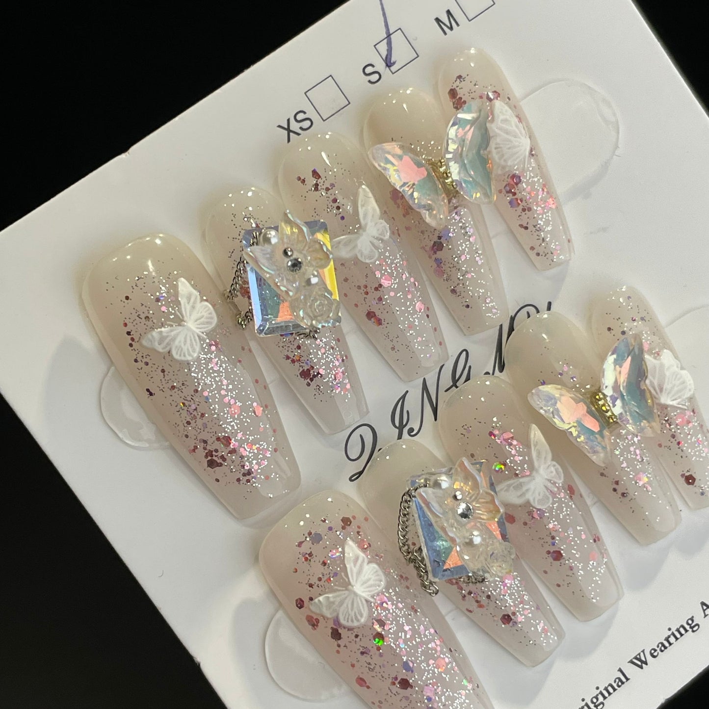 Handmade Press On Nails Long Coffin Diamond butterfly