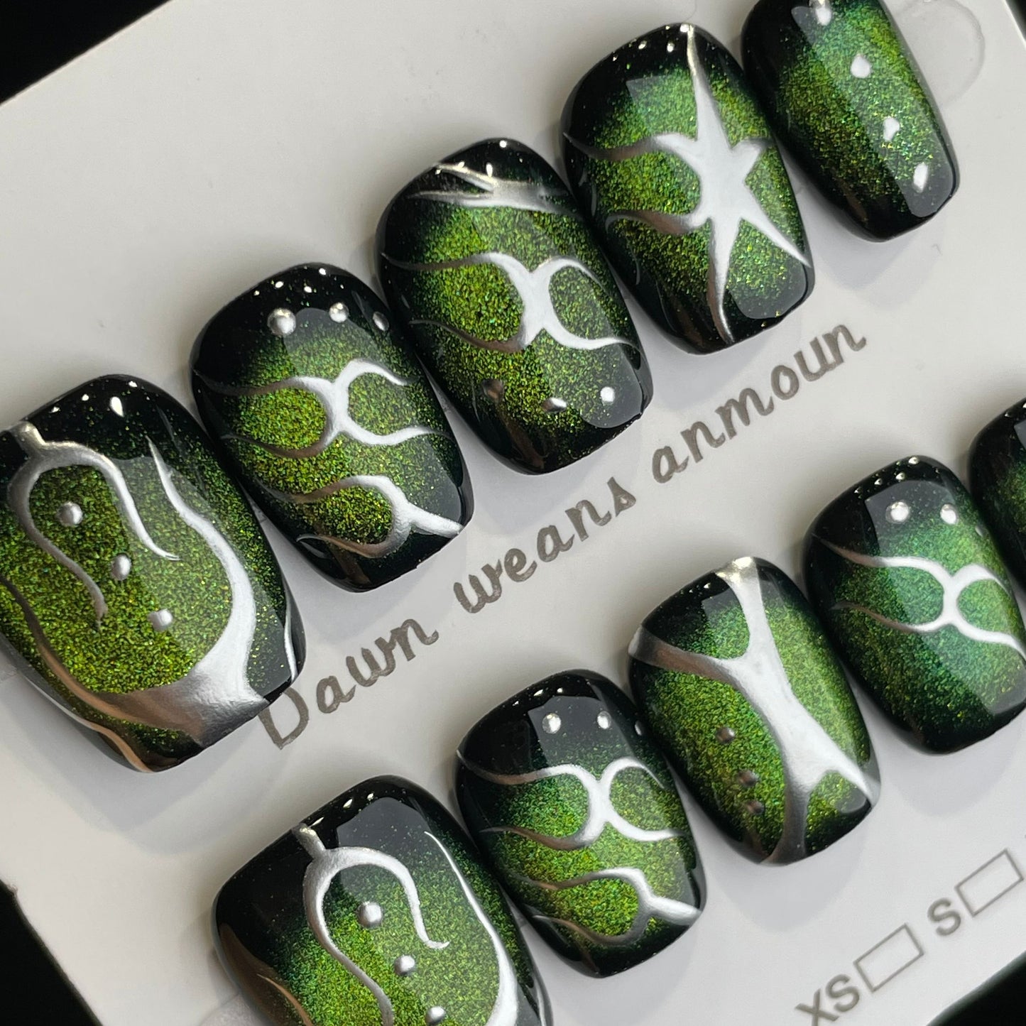 Handmade Press On Nails Short Coffin Green cat's eye silver thread-XiXX