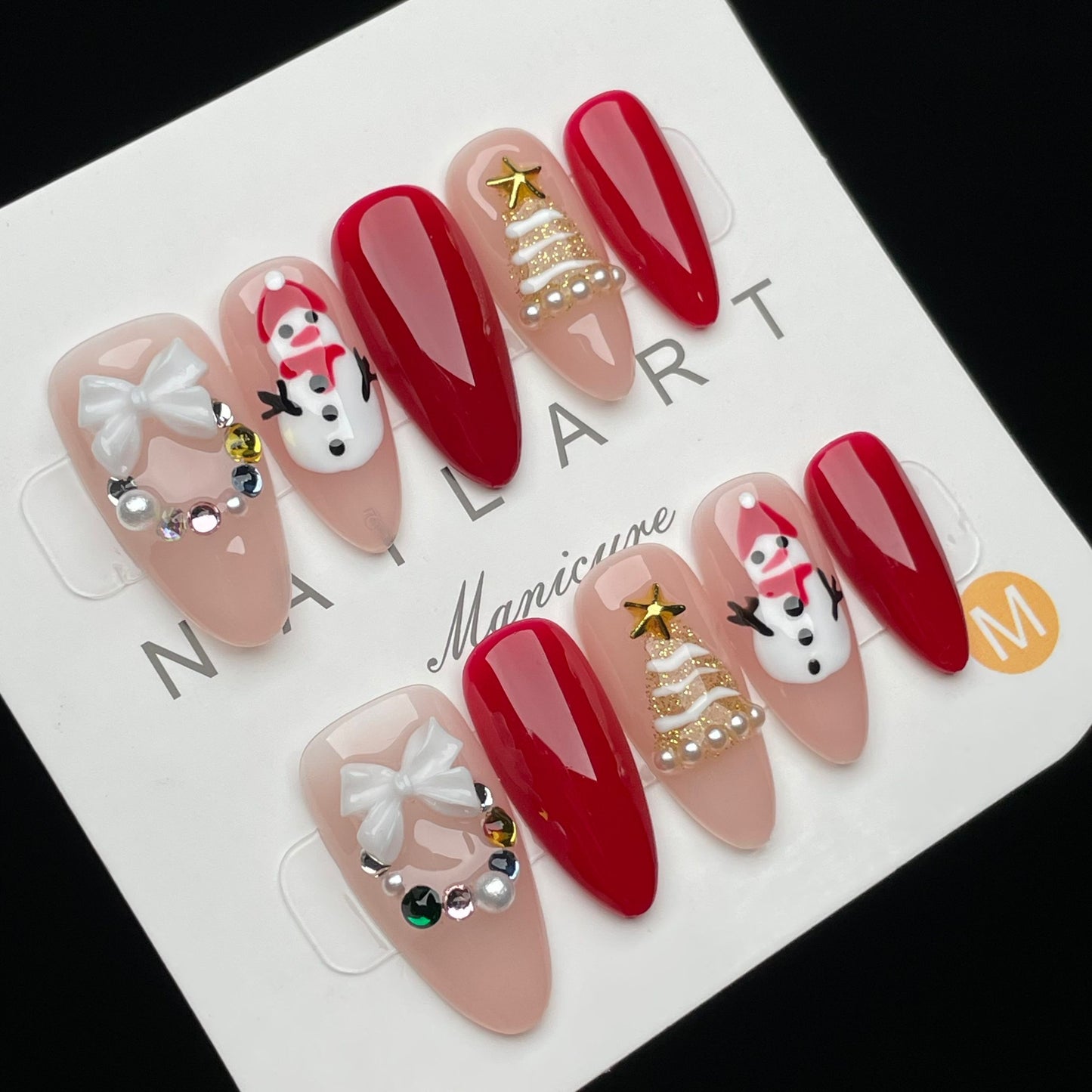 Handmade Press On Nails Medium Almond Christmas snowman