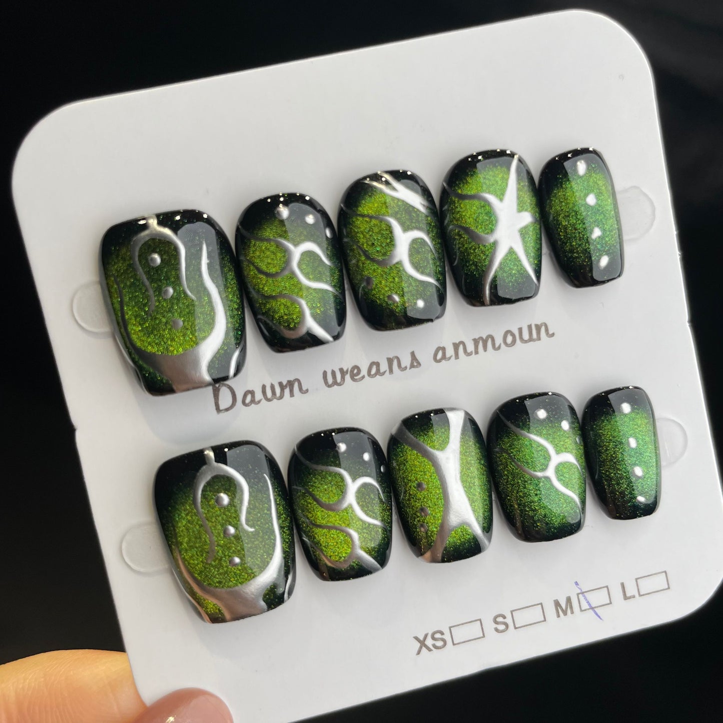 Handmade Press On Nails Short Coffin Green cat's eye silver thread-XiXX