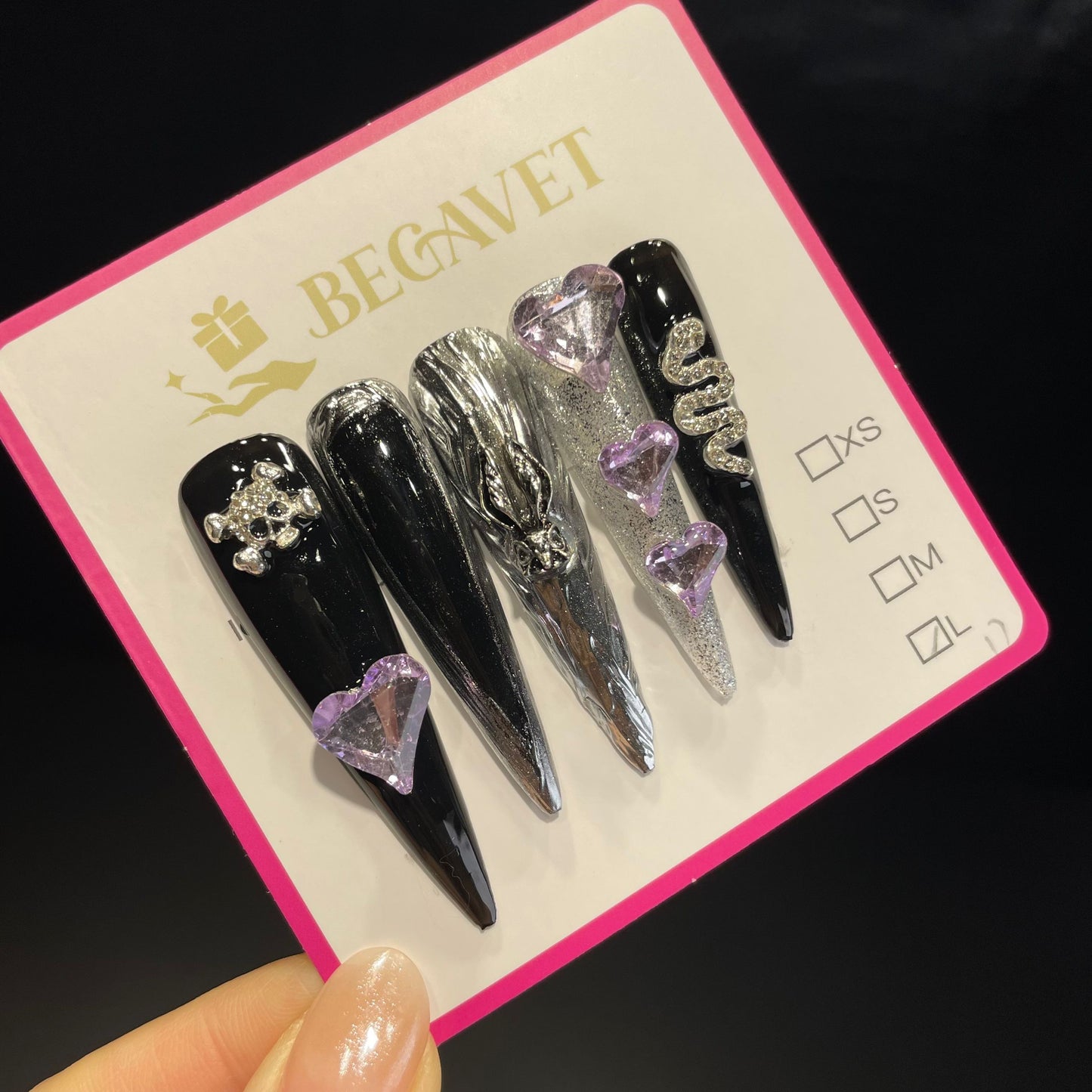 Handmade Press On Nails Extra-Long Stiletto Black and purple cool girl