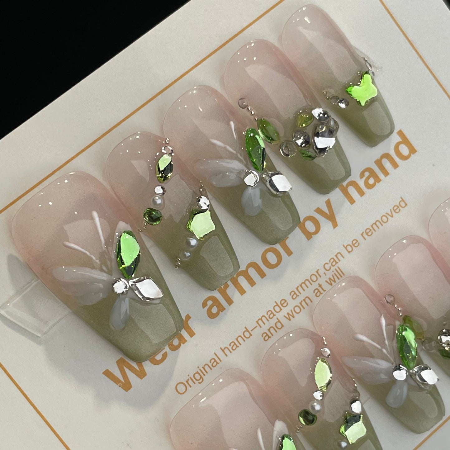 Handmade Press On Nails Long Coffin Green butterfly