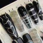 Handmade Press On Nails Long Coffin Black silver lines-YiH