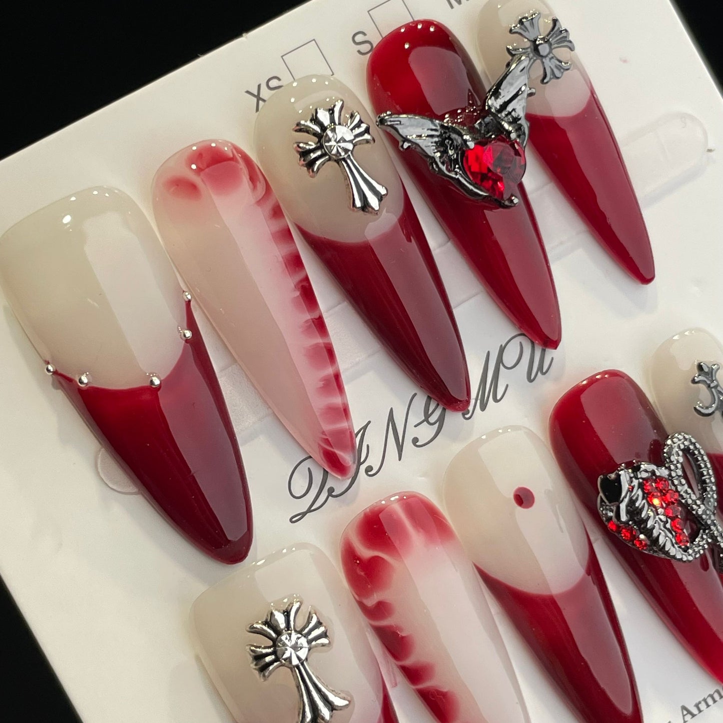 Handmade Press On Nails Long Stiletto Red French cross-QingM