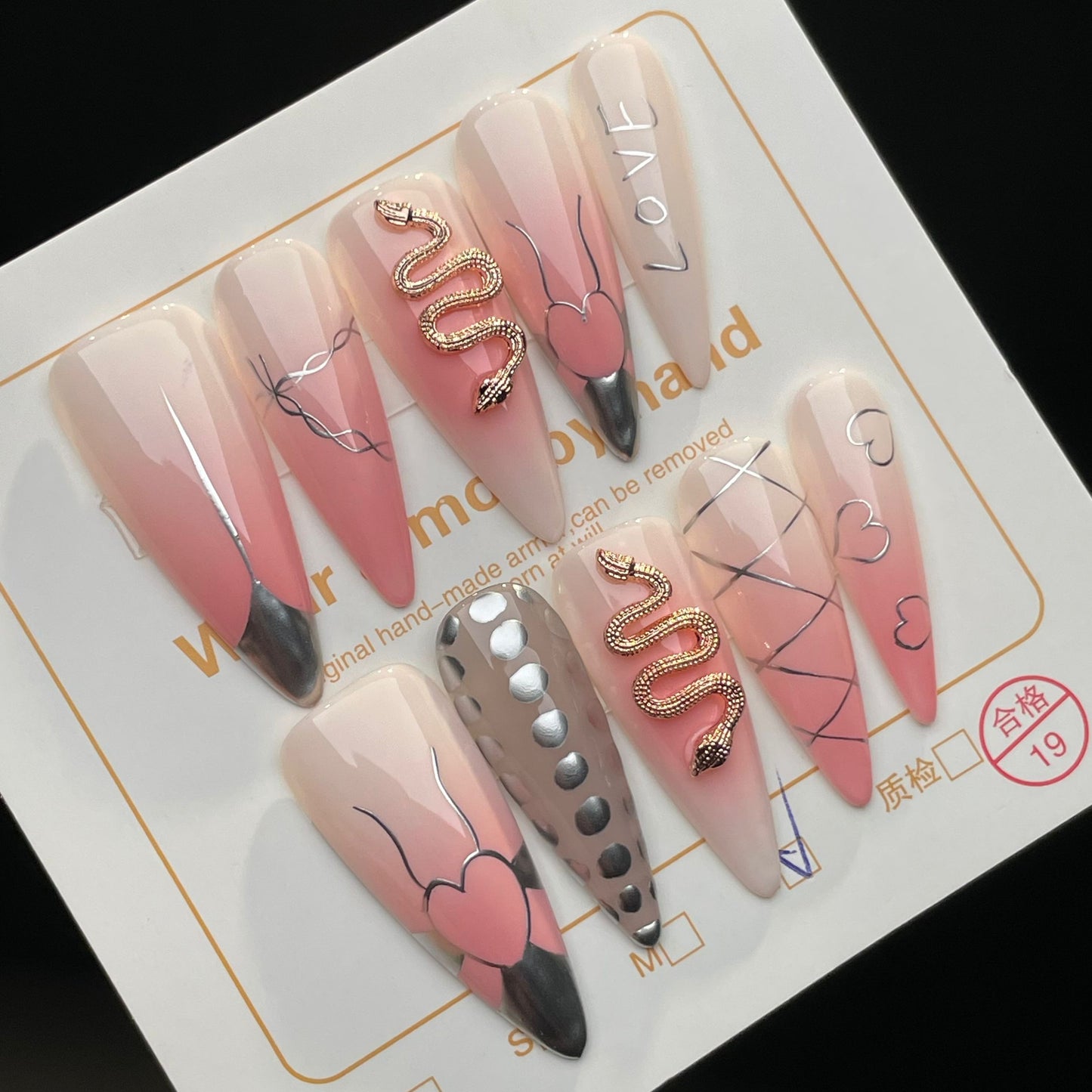 Handmade Press On Nails Long Stiletto Pink snake