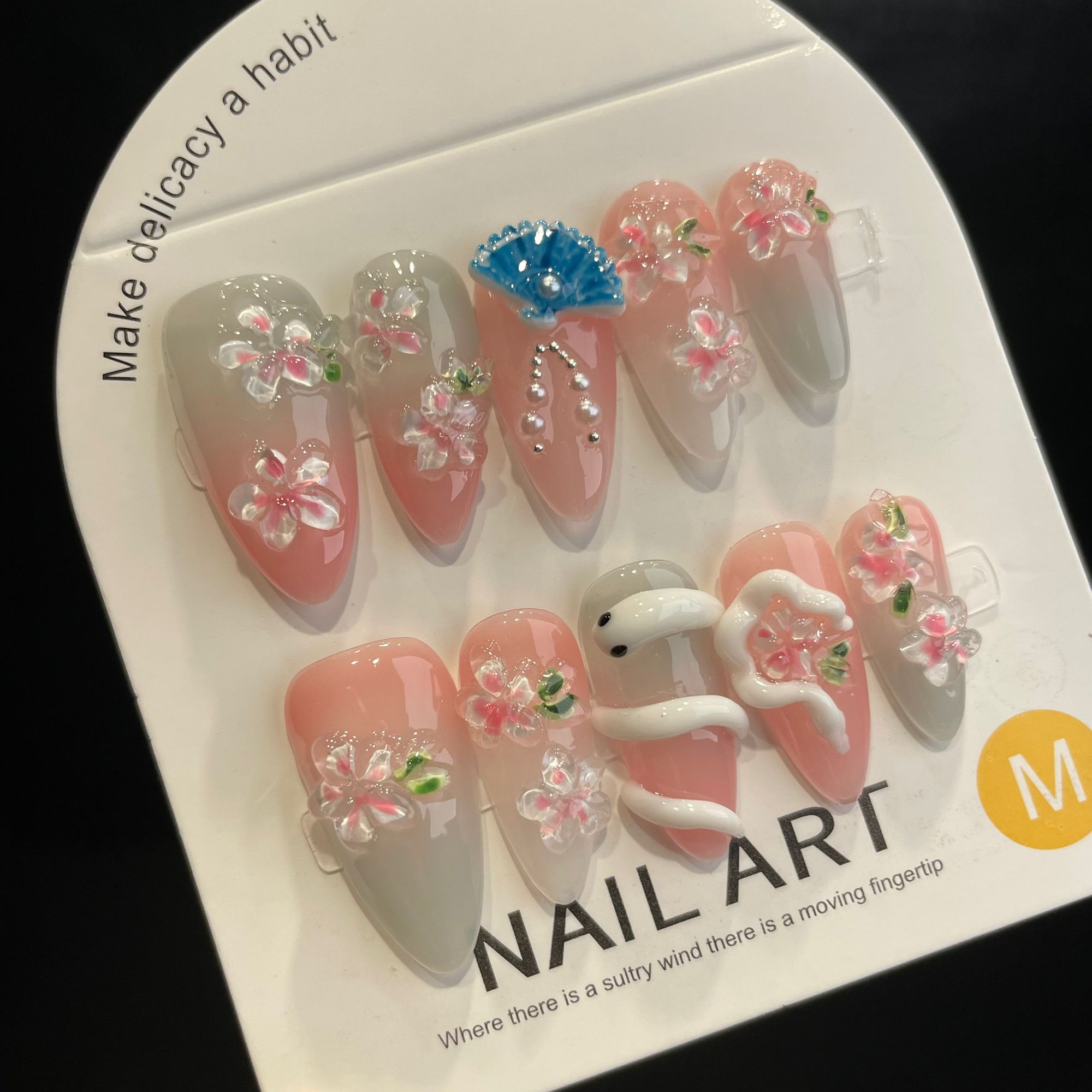 Handmade Press On Nails Long Almond Pink cherry blossom white snake-YiH