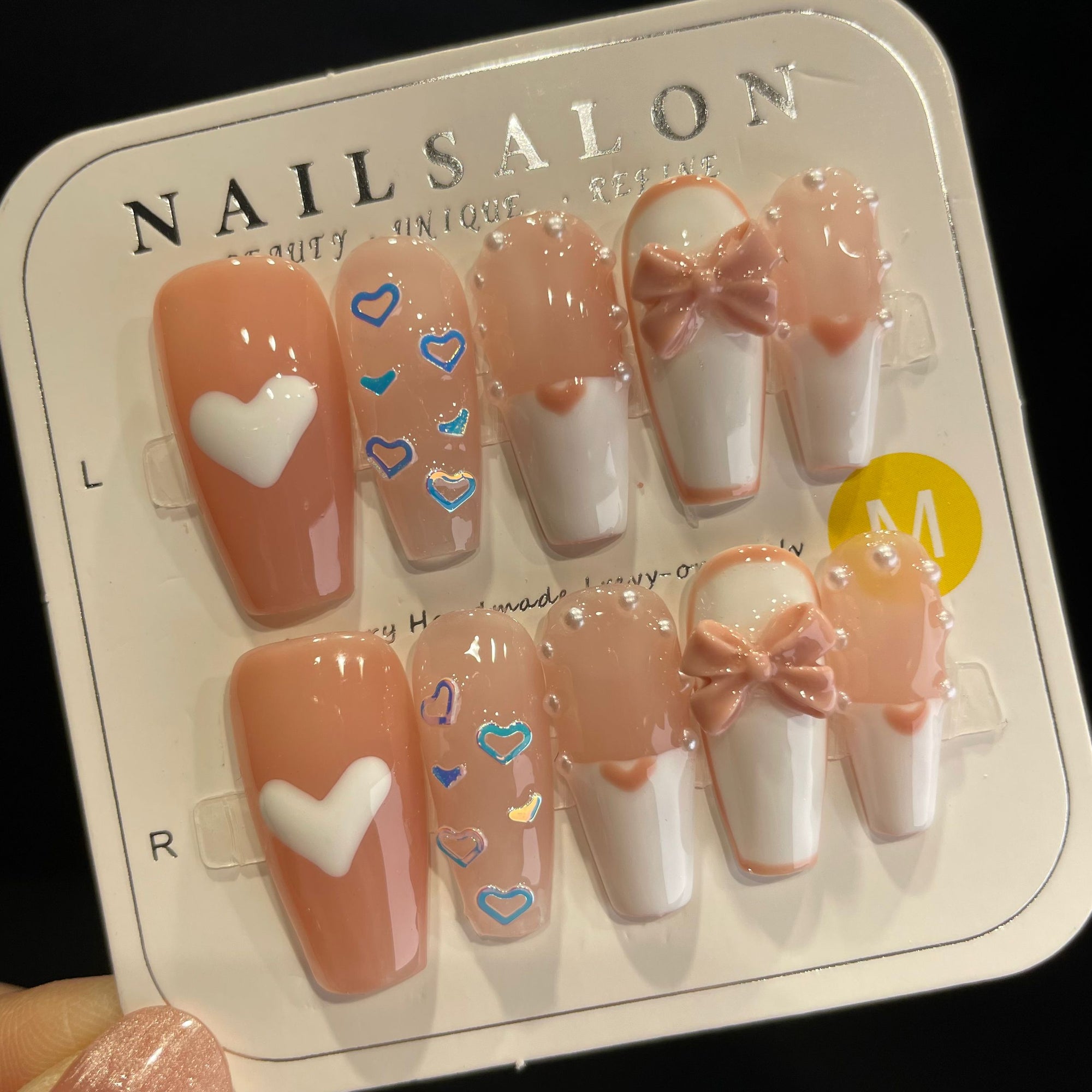 Handmade Press On Nails Long Coffin Hearts and bows-YiH