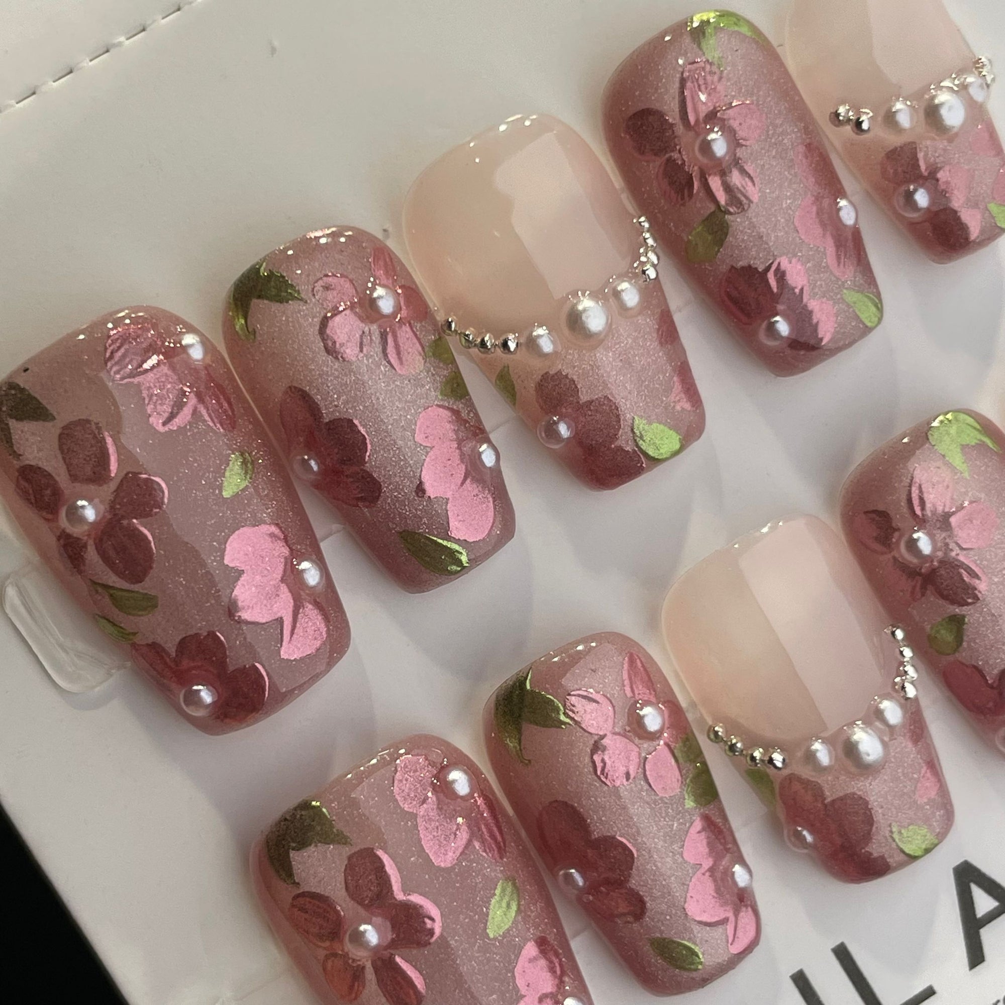 Handmade Press On Nails Long Coffin Blossoms-YiH