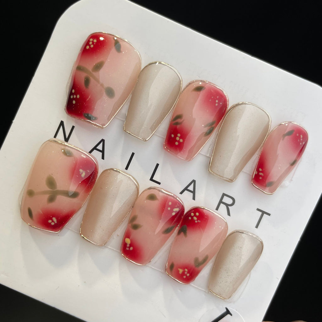 Handmade Press On Nails Medium Coffin Cat's eye red flower-YiH
