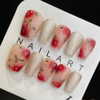 Handmade Press On Nails Medium Coffin Cat's eye red flower-YiH