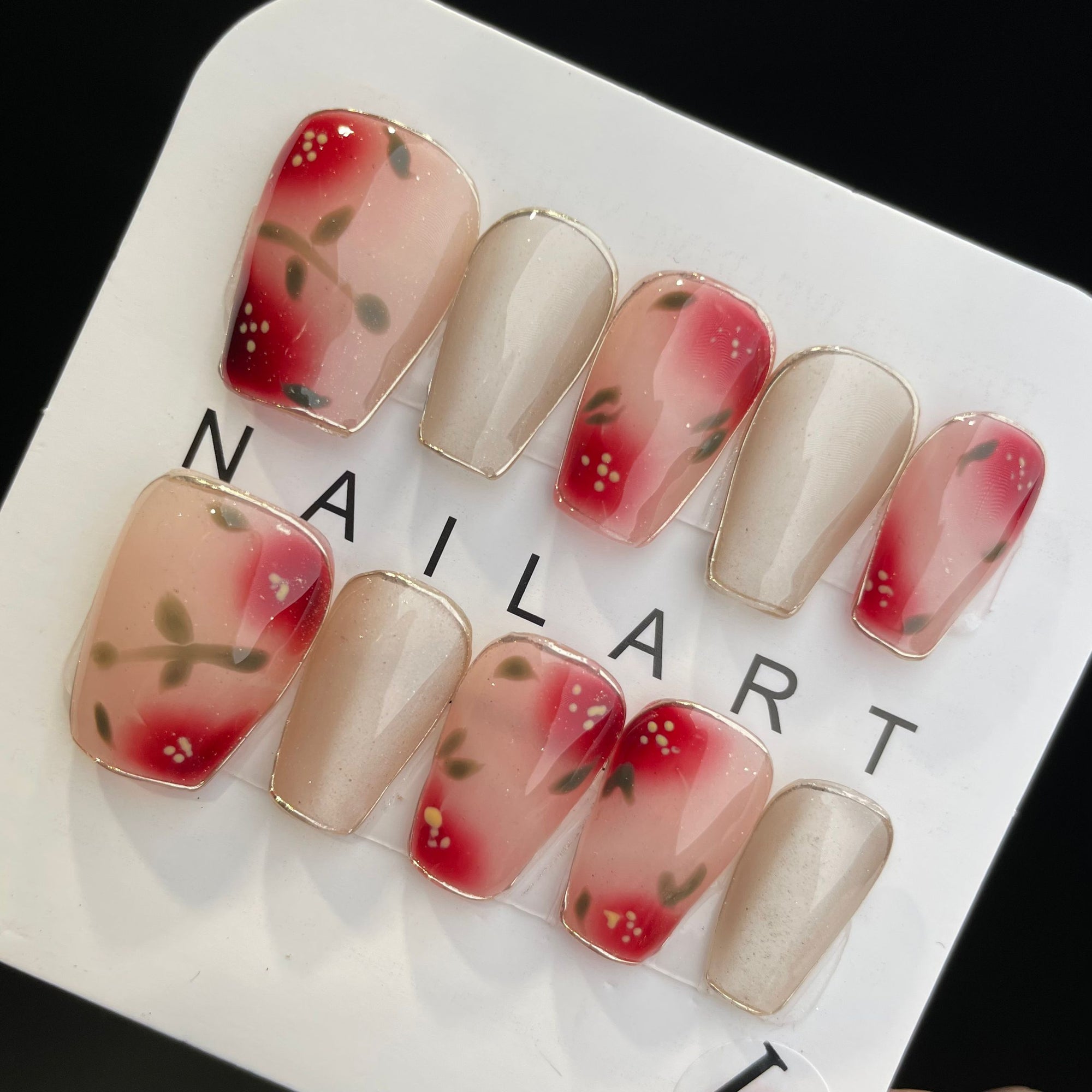 Handmade Press On Nails Medium Coffin Cat's eye red flower-YiH