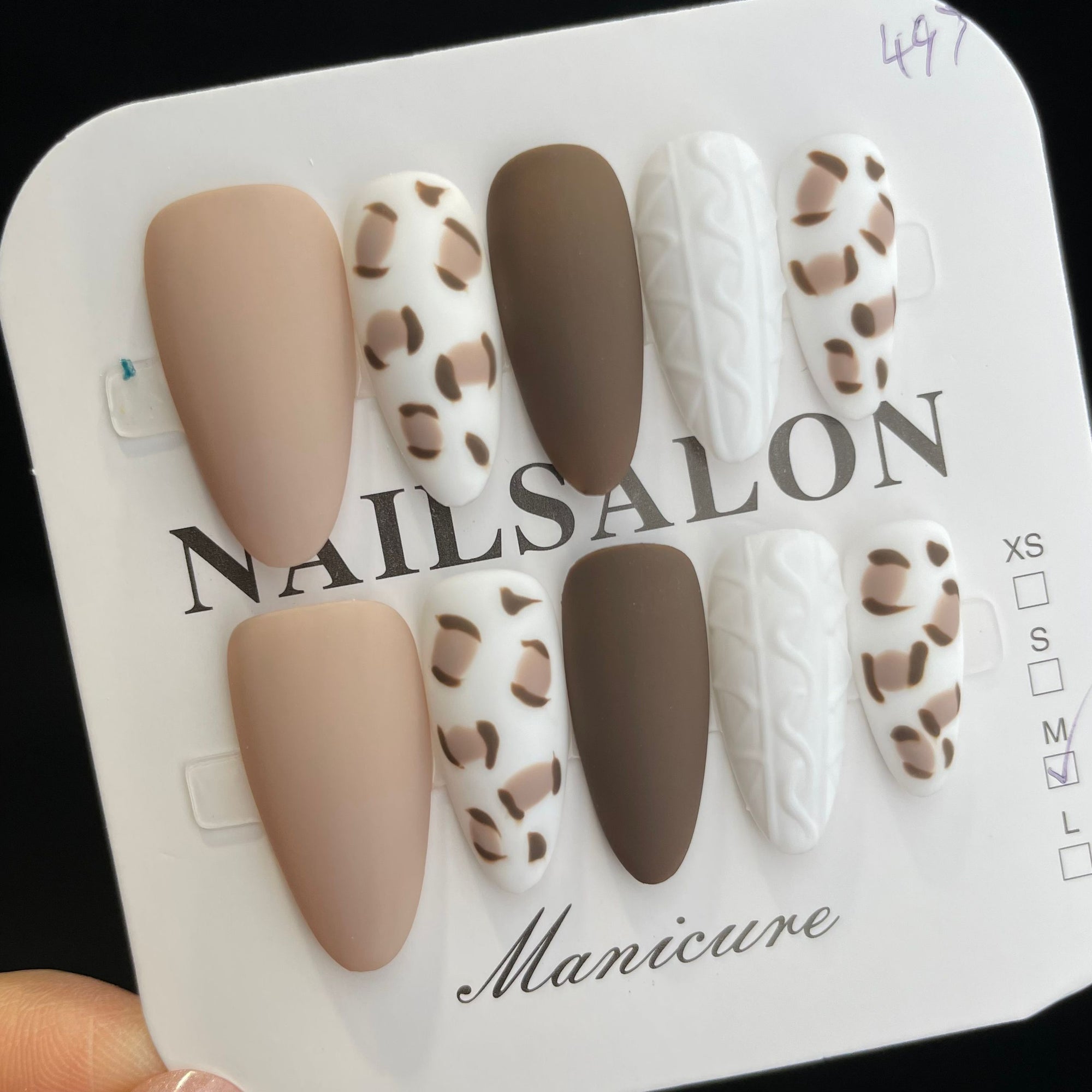 Handmade Press On Nails Long Almond Brown and white sweater-YiH