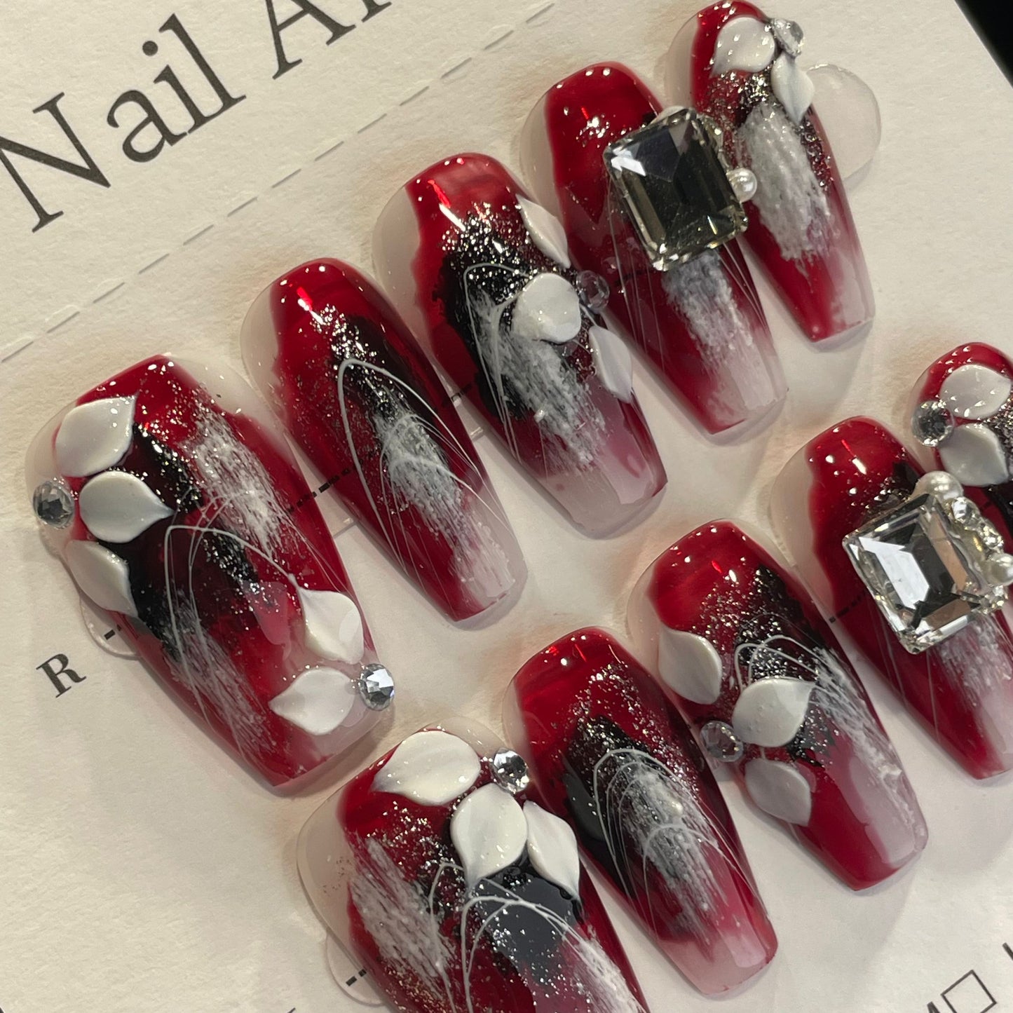 Handmade Press On Nails Long Coffin Black and red flowers