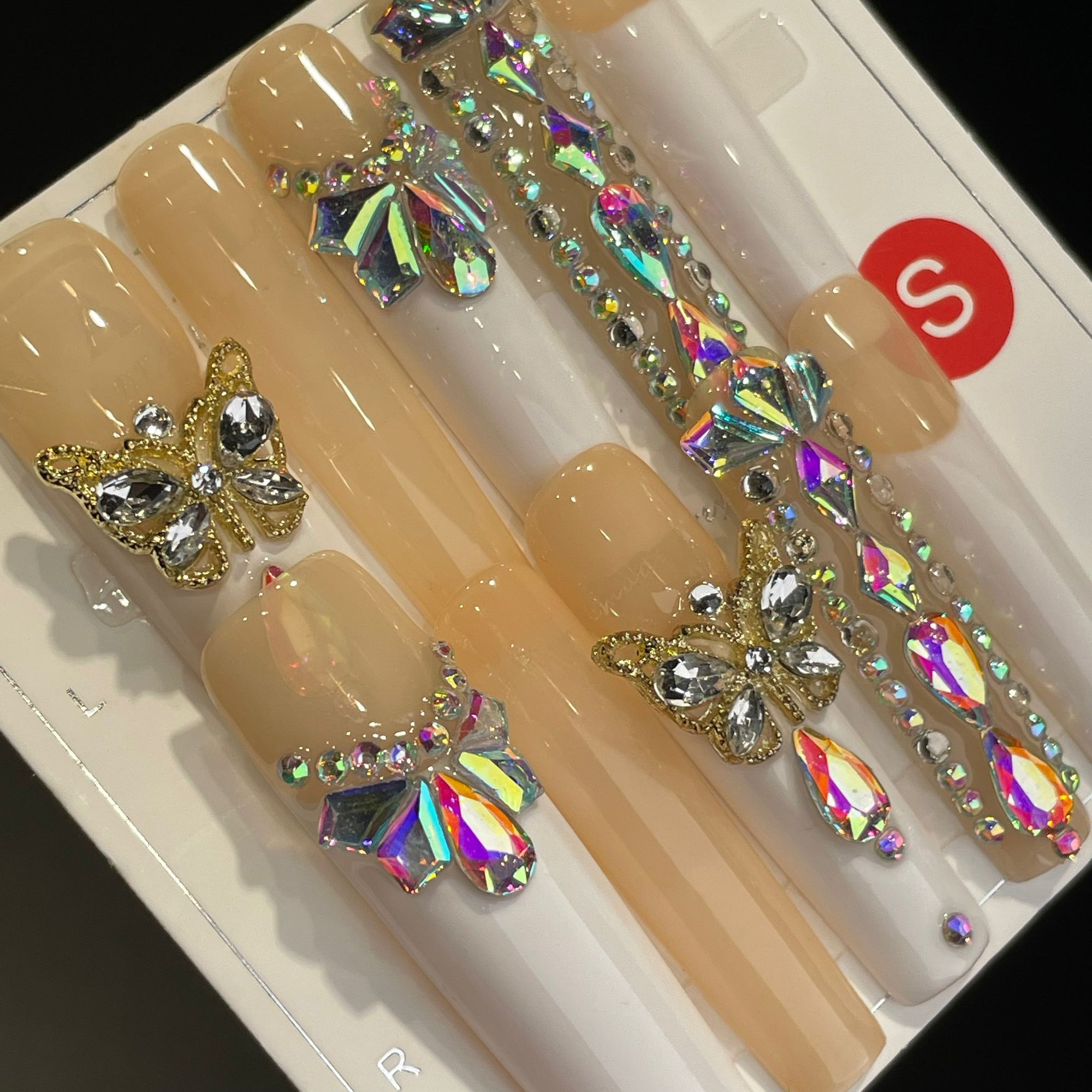 Handmade Press On Nails Extra-Long Coffin Butterfly hemline