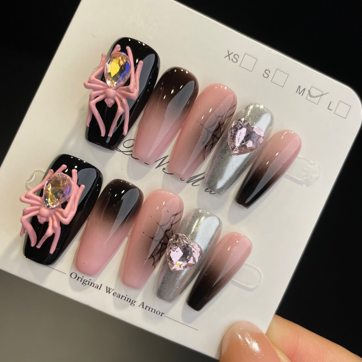 Handmade Press On Nails Long Coffin Black pink butterfly