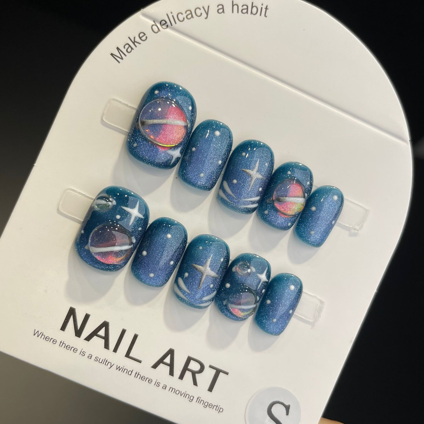 Handmade Press On Nails Short Square Blue planet