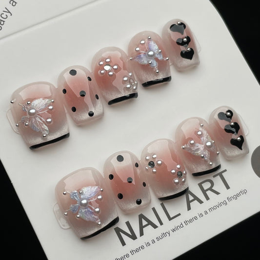 Handmade Press On Nails Short Square Butterfly dot