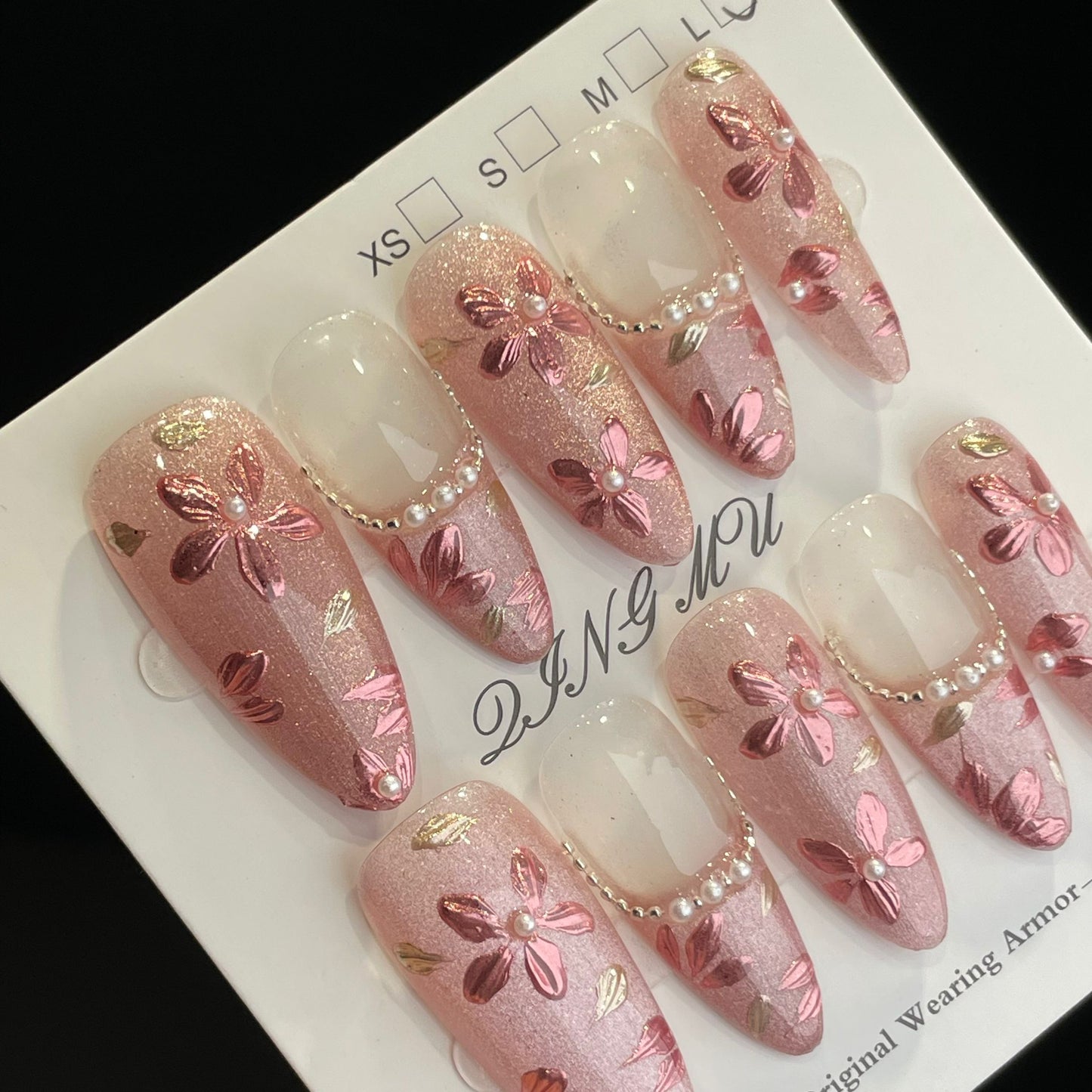 Handmade Press On Nails Long Almond Pink cherry blossom