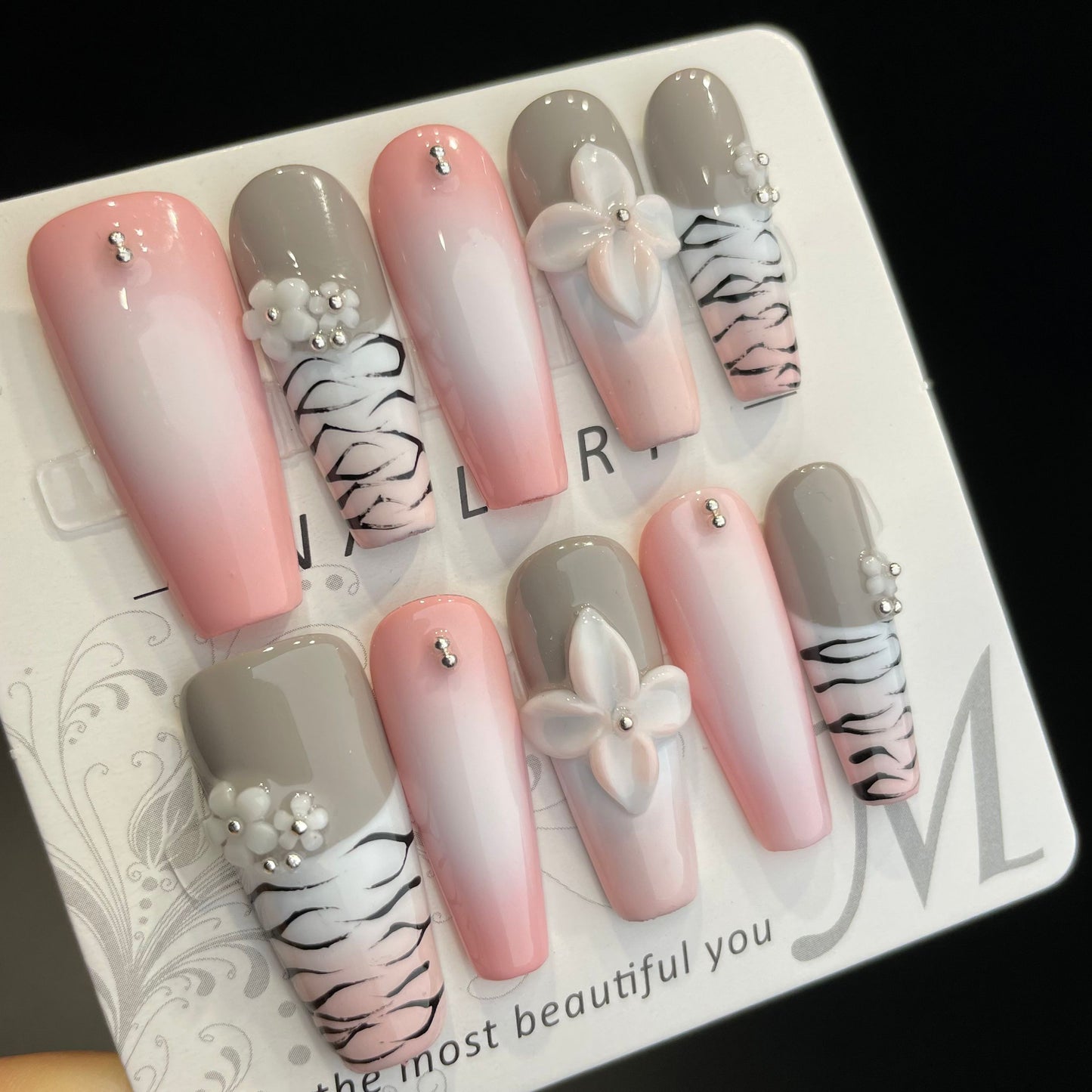 Handmade Press On Nails Long Coffin Pink and grey flowers-DaiRS