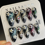 Handmade Press On Nails Long Almond Colorful cat-eye flowers