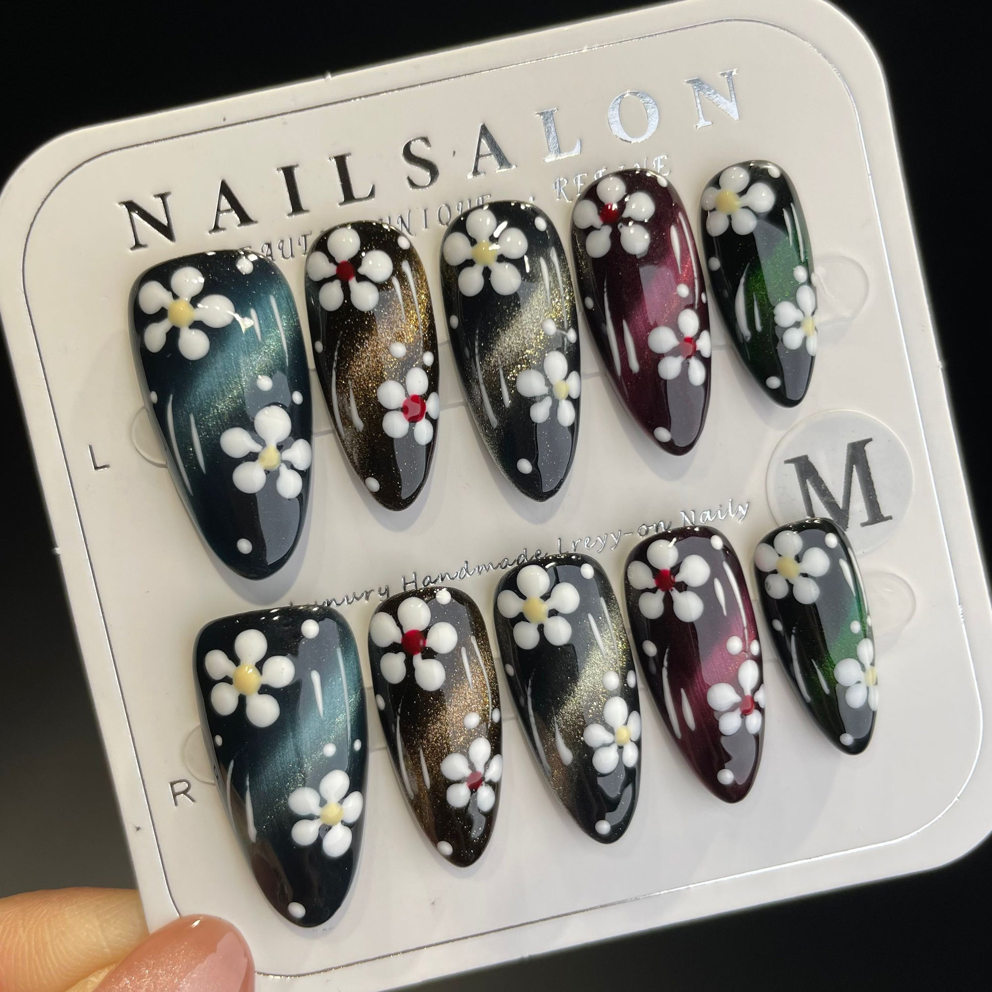 Handmade Press On Nails Long Almond Colorful cat-eye flowers