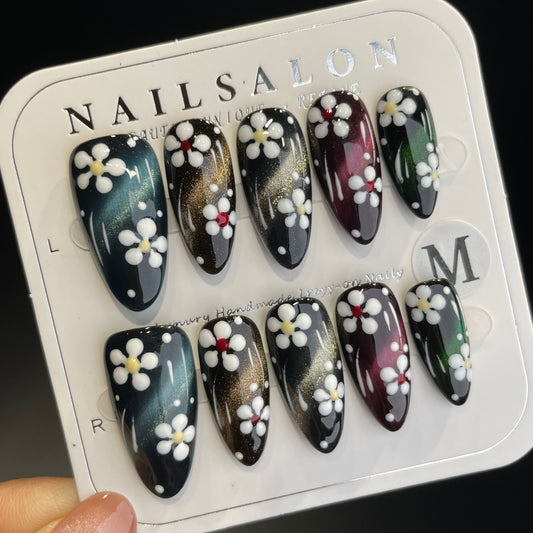 Handmade Press On Nails Long Almond Colorful cat-eye flowers