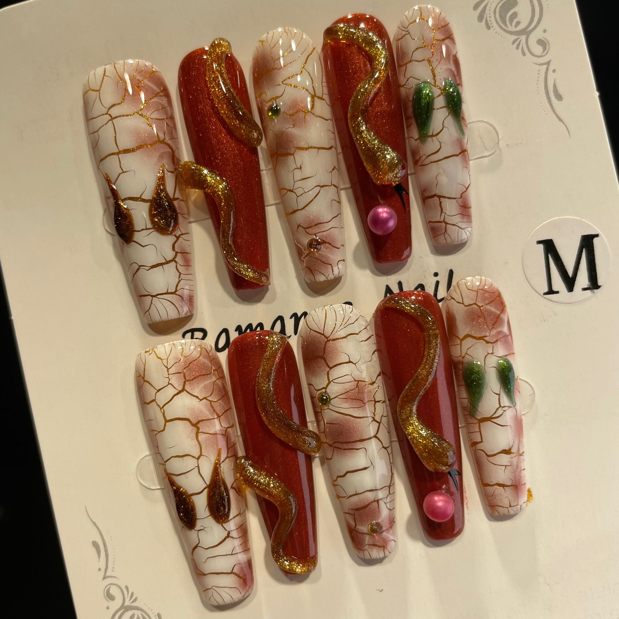 Handmade Press On Nails Extra-Long Coffin Brick red snake scale-YiH