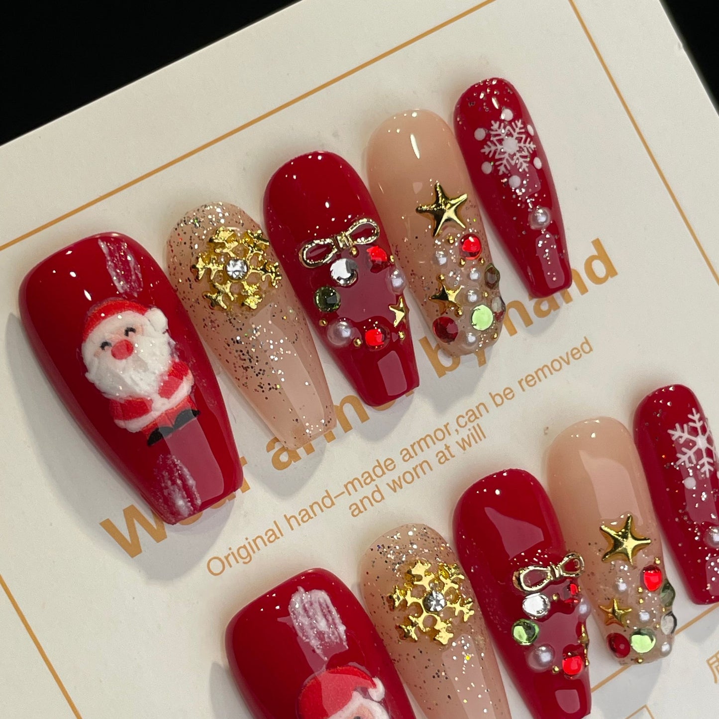 Handmade Press On Nails Long Coffin Father Christmas