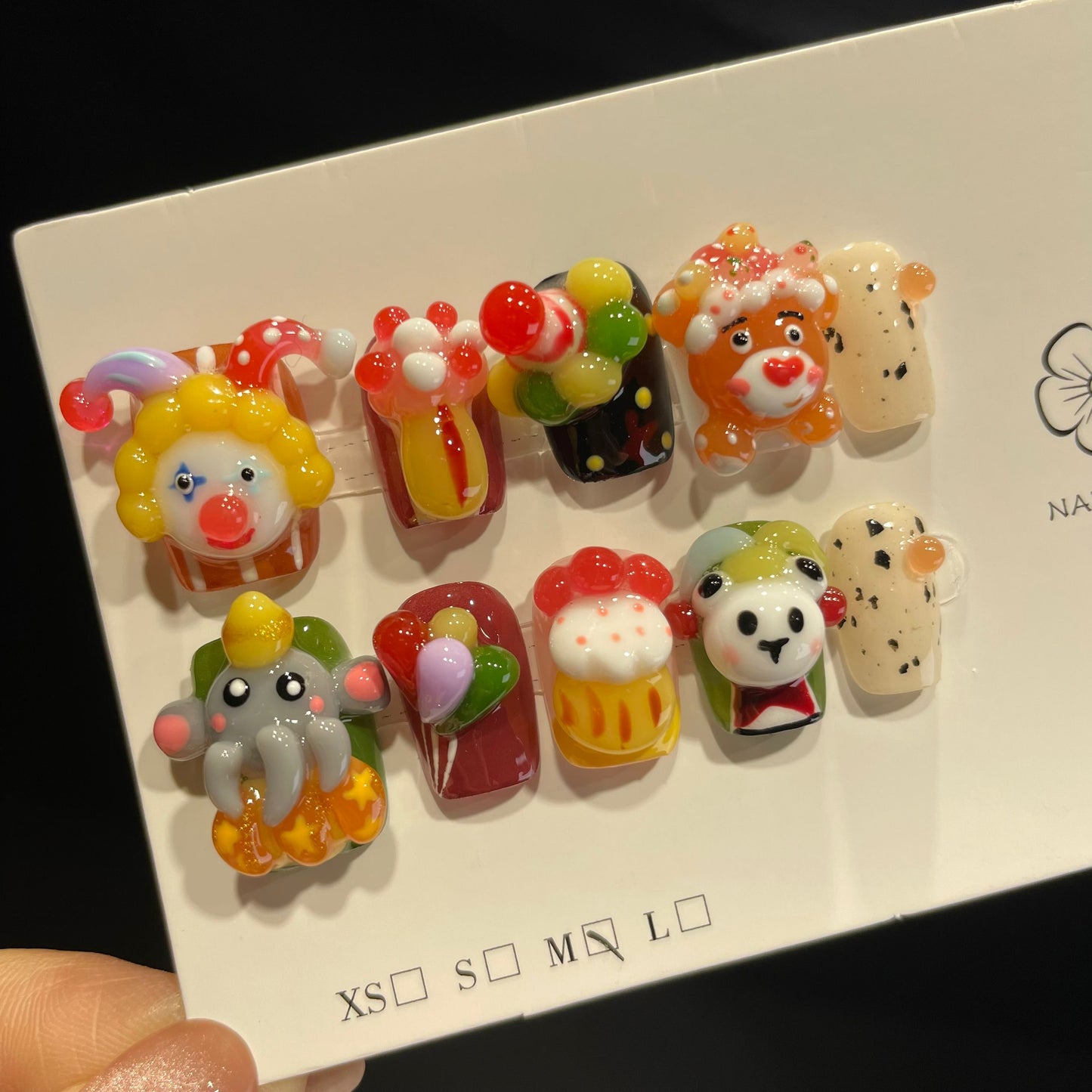 Handmade Press On Nails Short Coffin Handmade Clown animal circus-DaH