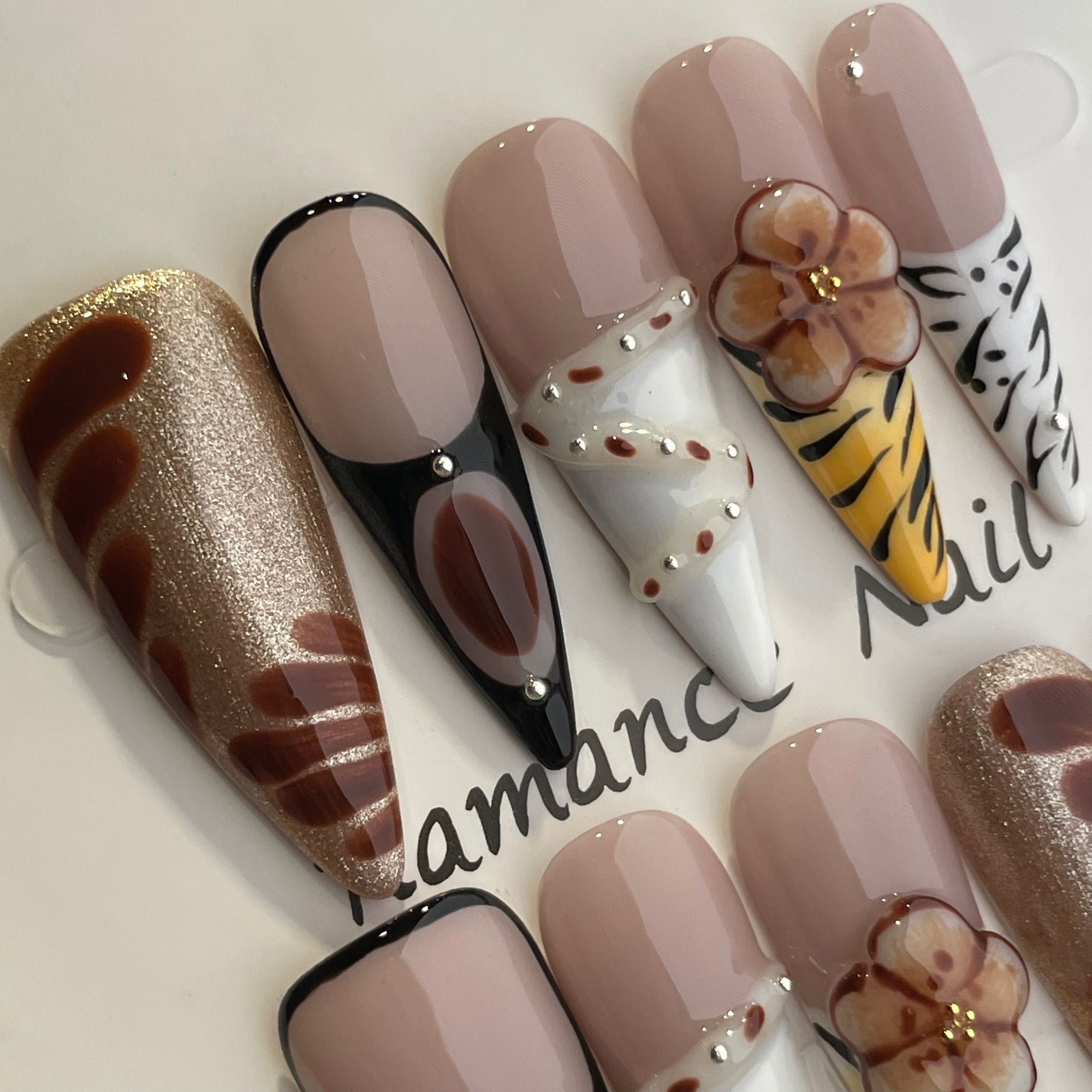 Handmade Press On Nails Long Stiletto Bean paste with hand pinch-YiH