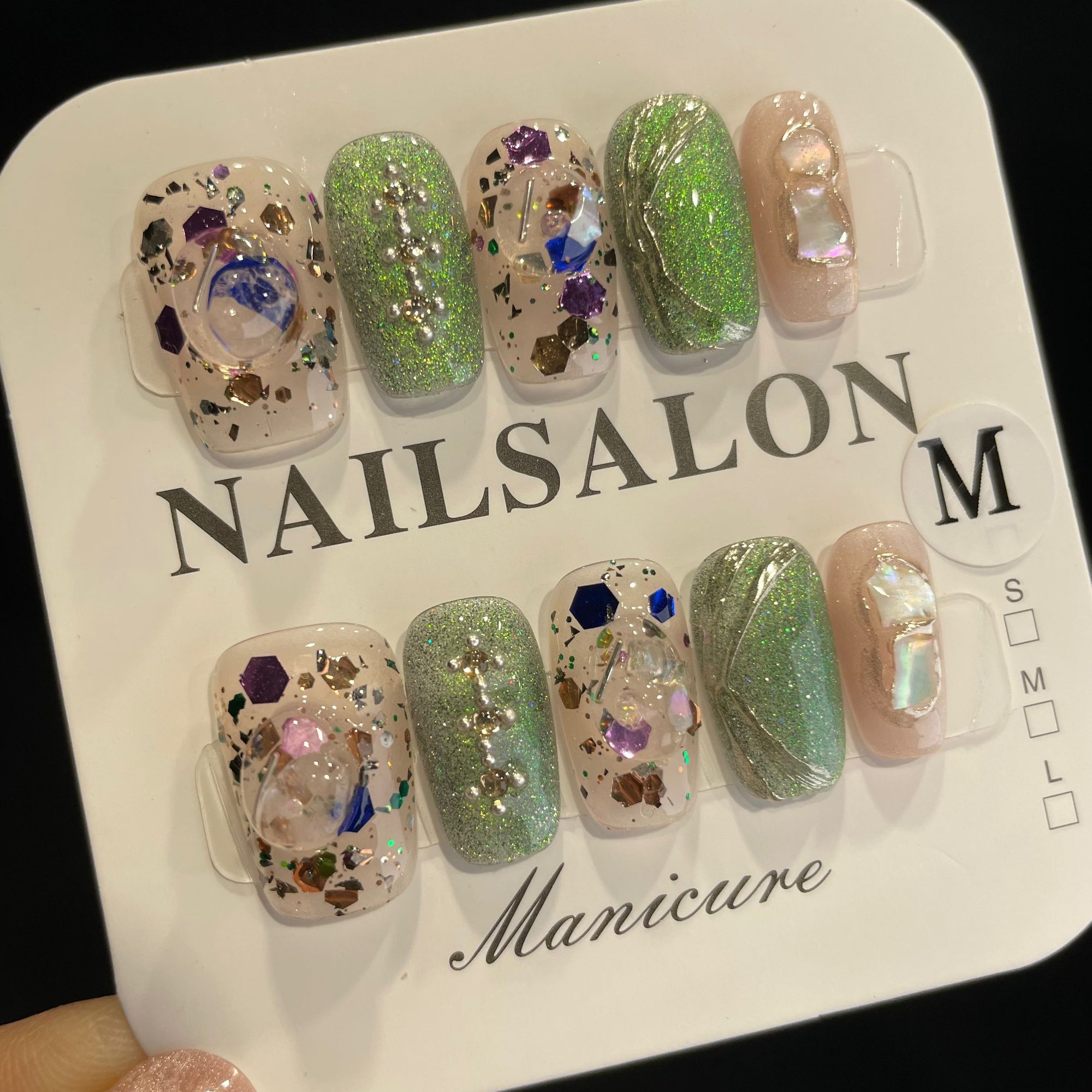 Handmade Press On Nails Medium Coffin Green glitter-YiH