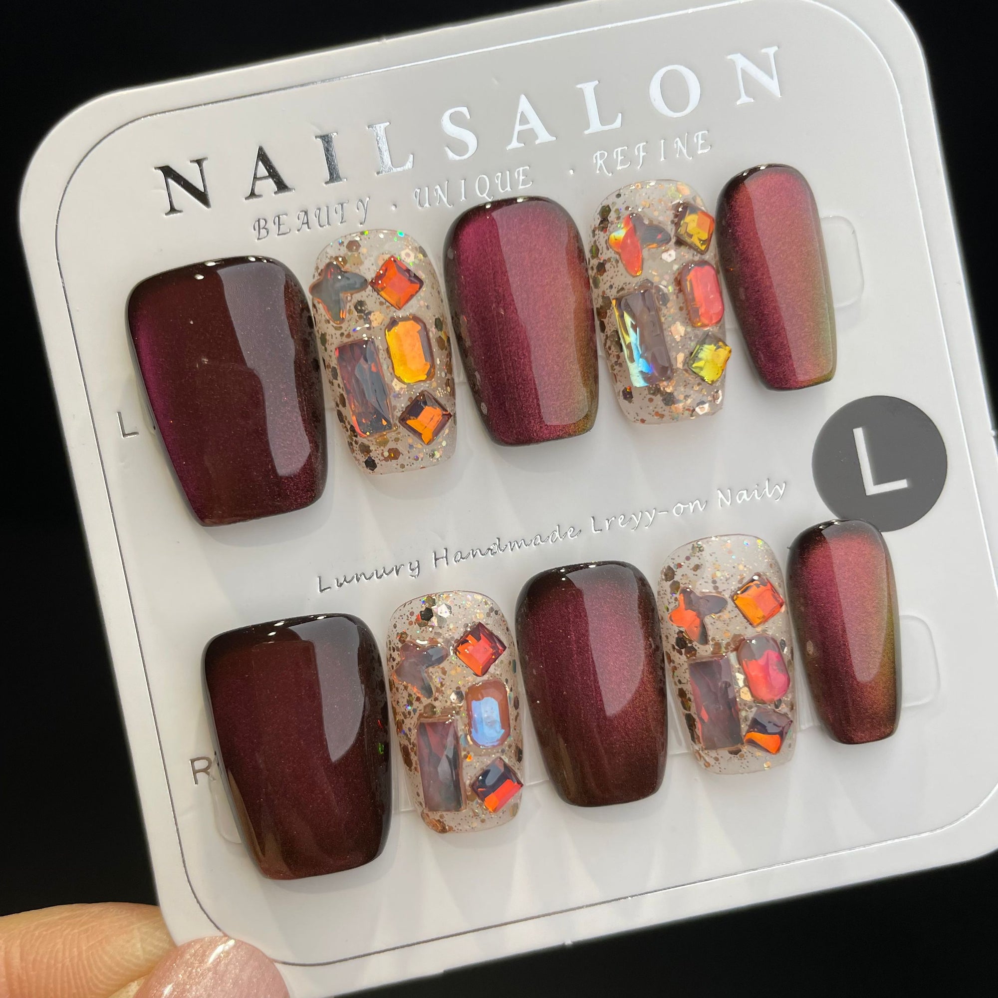 Handmade Press On Nails Medium Coffin Red cat eye sequins-YiH