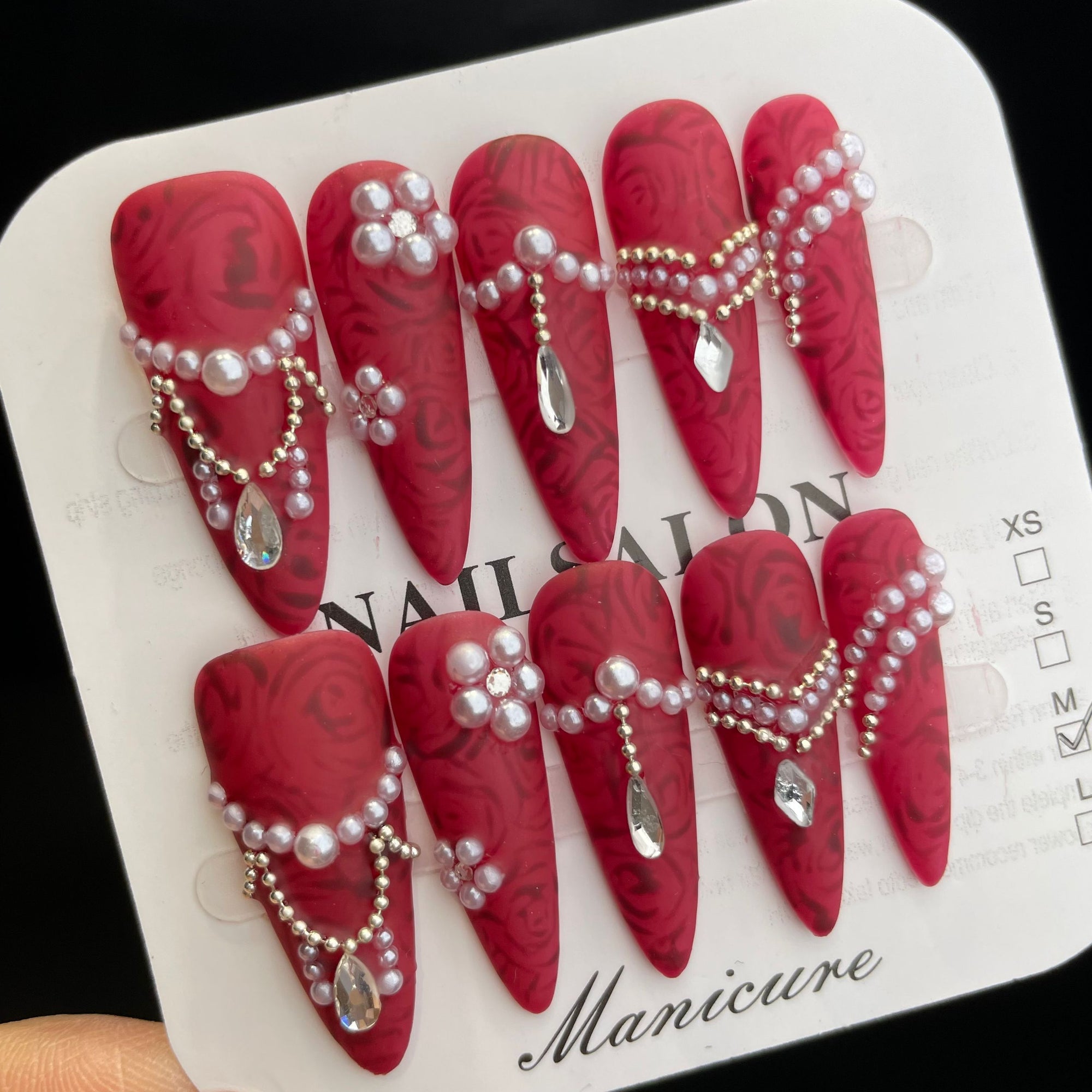 Handmade Press On Nails Long Stiletto Magnificent red diamond-YiH