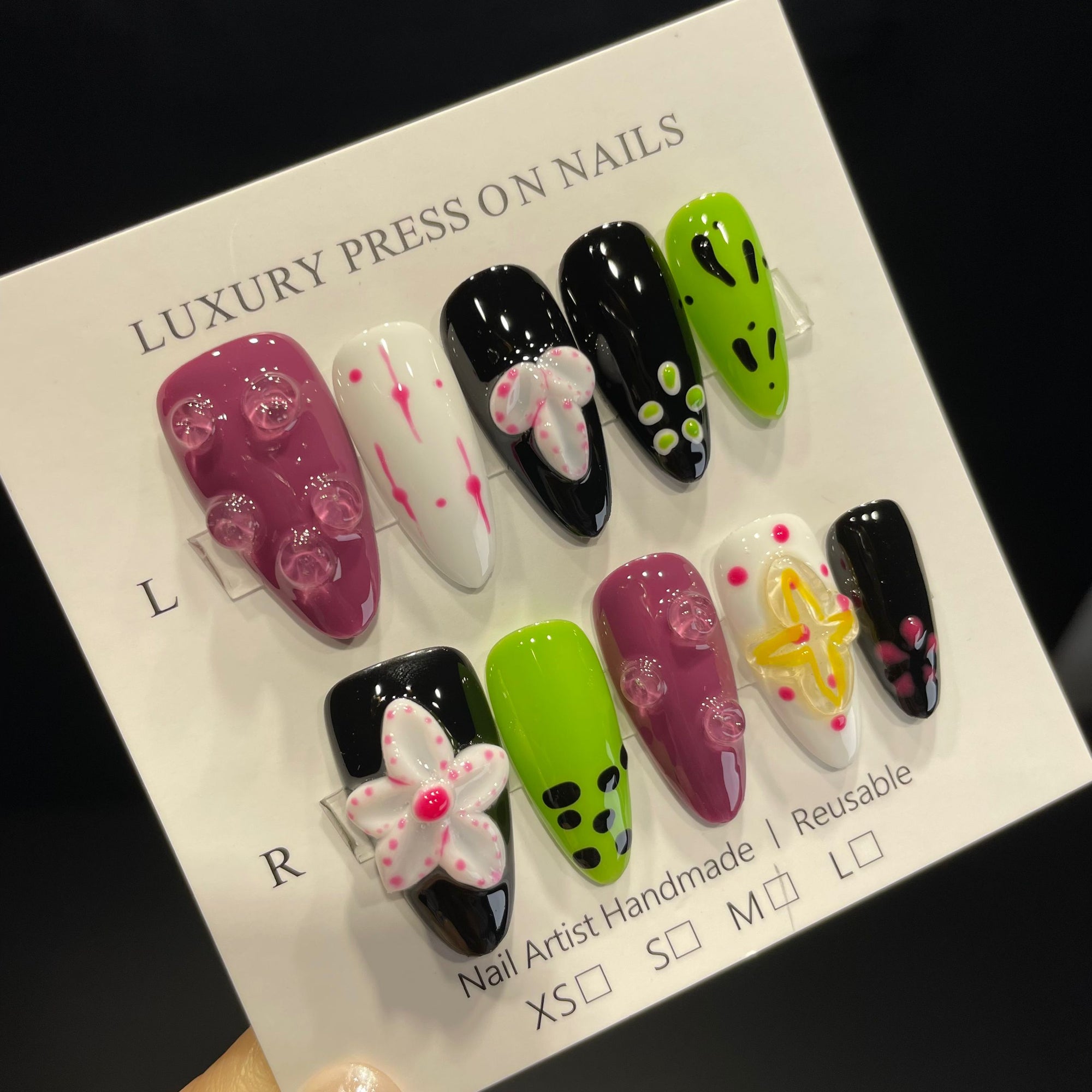 Handmade Press On Nails Medium Stiletto Alien organism