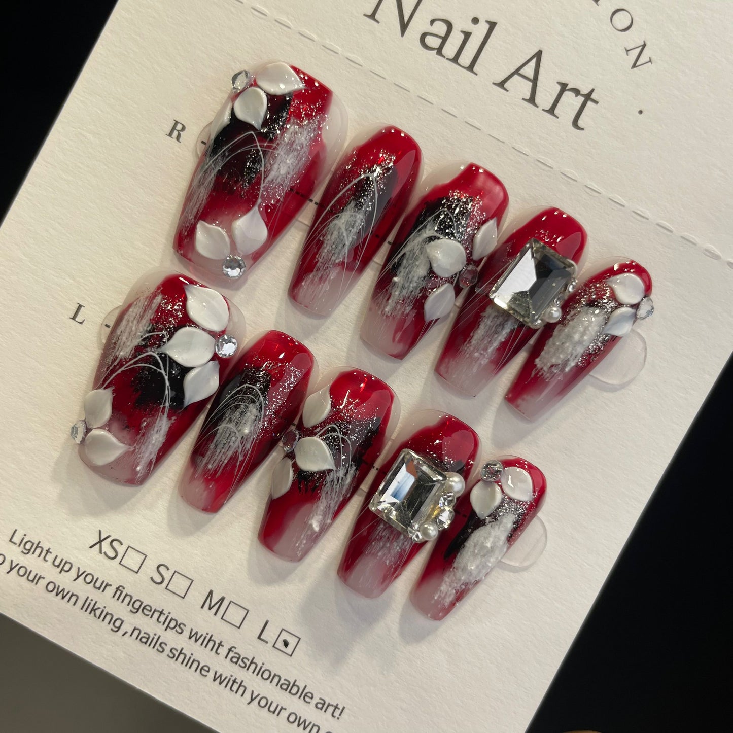 Handmade Press On Nails Long Coffin Black and red flowers