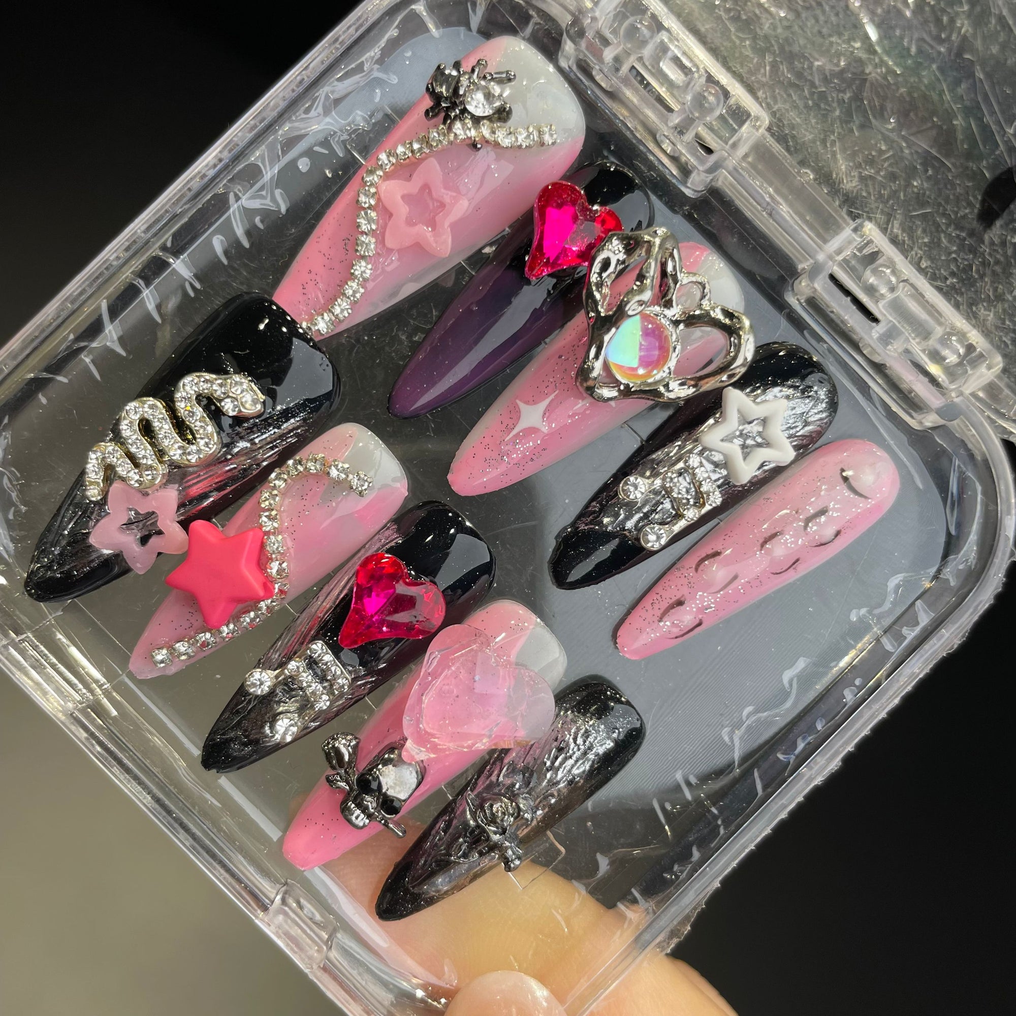 Handmade Press On Nails Long Stiletto Love star snake