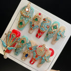 Handmade Press On Nails Long Coffin Gorgeous marriage red blue phoenix-YiH