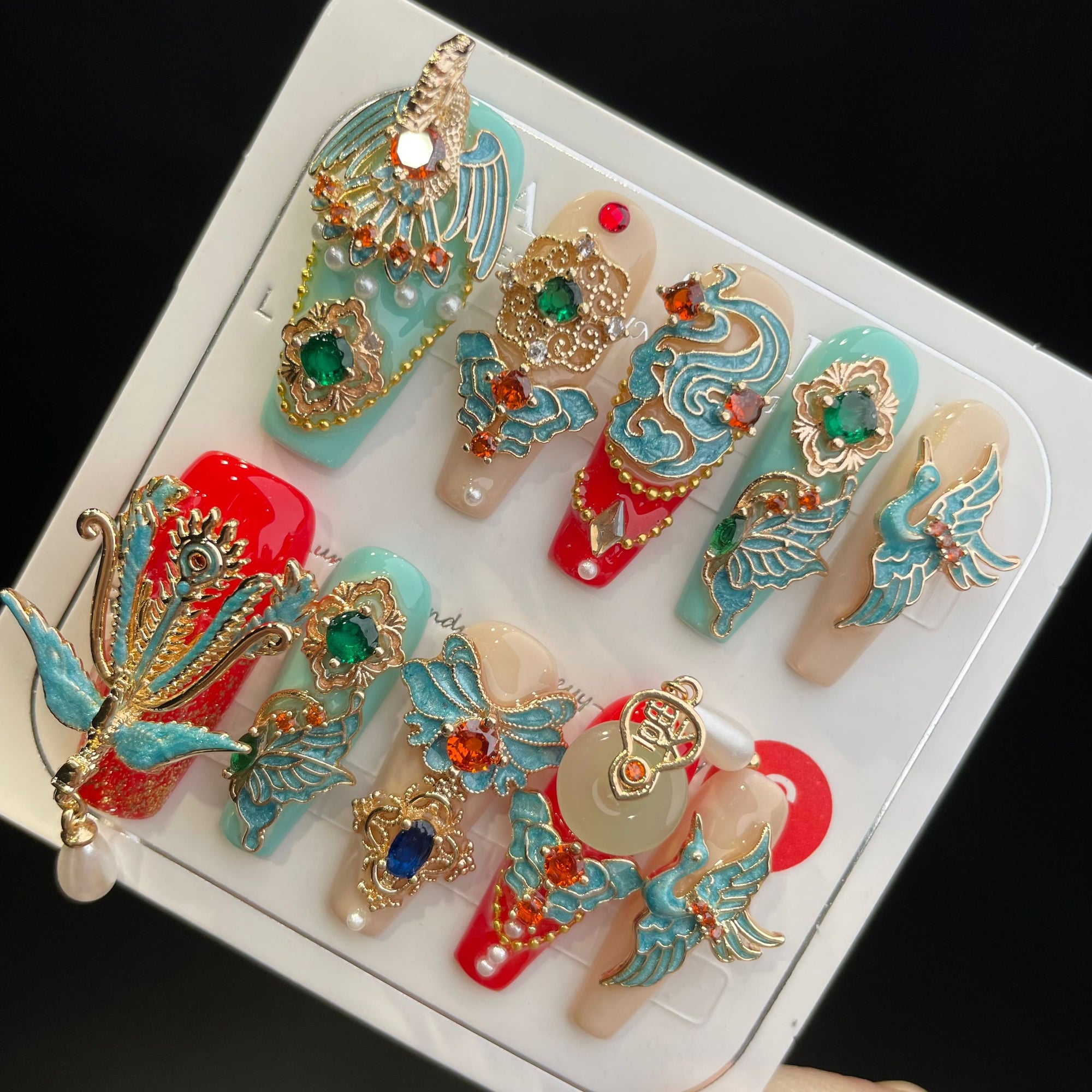 Handmade Press On Nails Long Coffin Gorgeous marriage red blue phoenix-YiH
