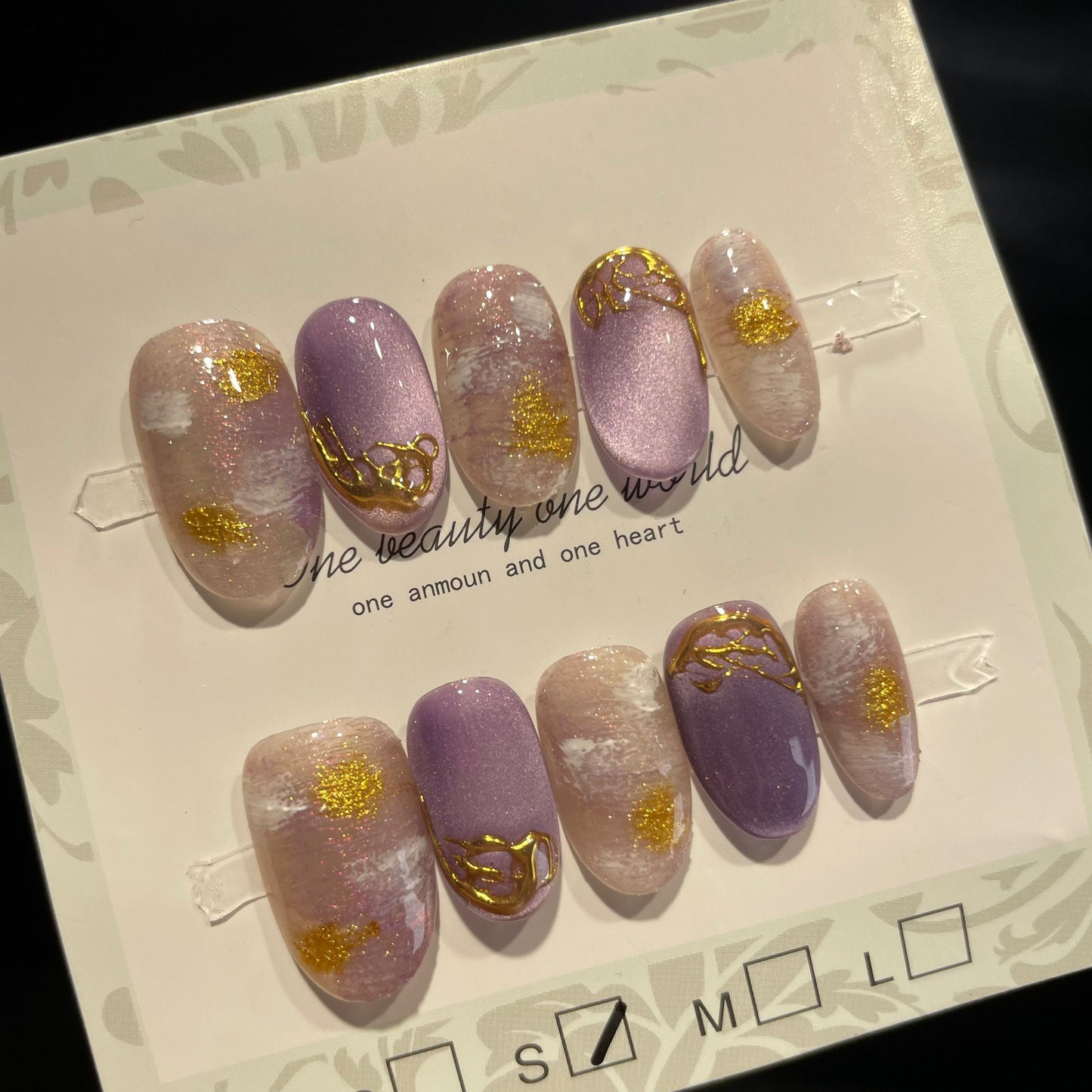 Handmade Press On Nails Short Oval Purple gold Cloud