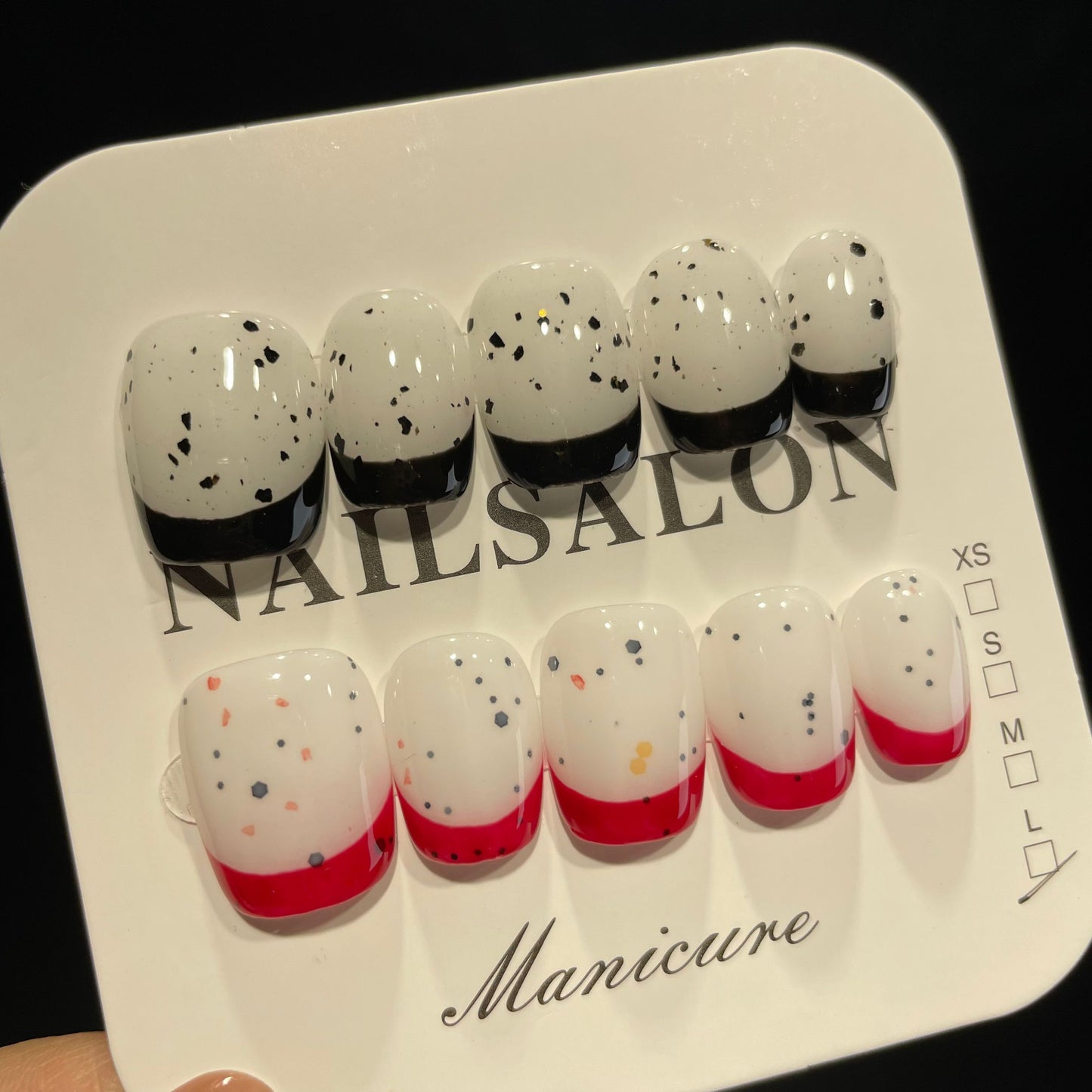 Handmade Press On Nails Short Square Black and red spots