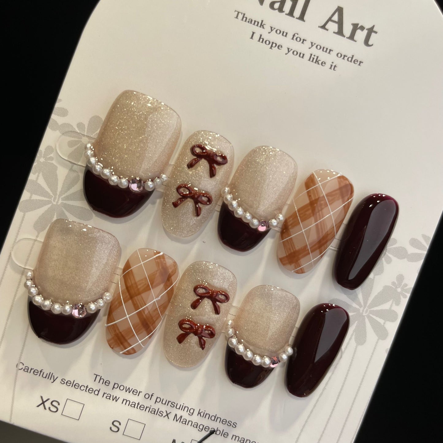 Handmade Press On Nails Short Oval Brown check French