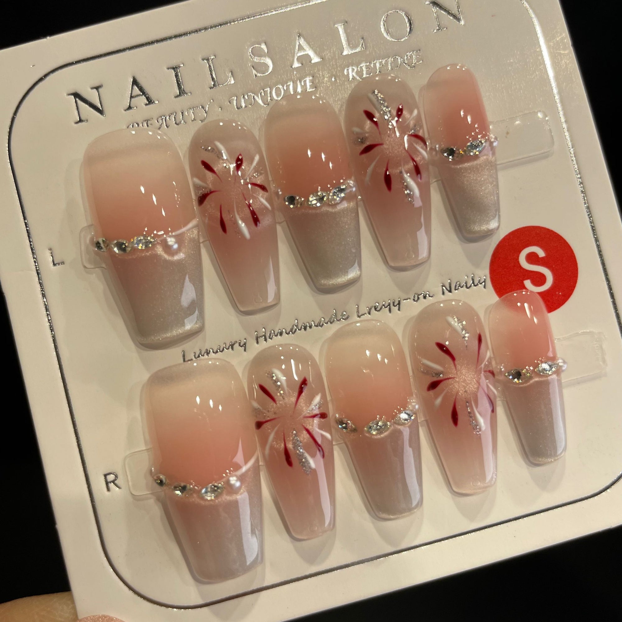Handmade Press On Nails Long Coffin Silver cat eye fireworks-YiH
