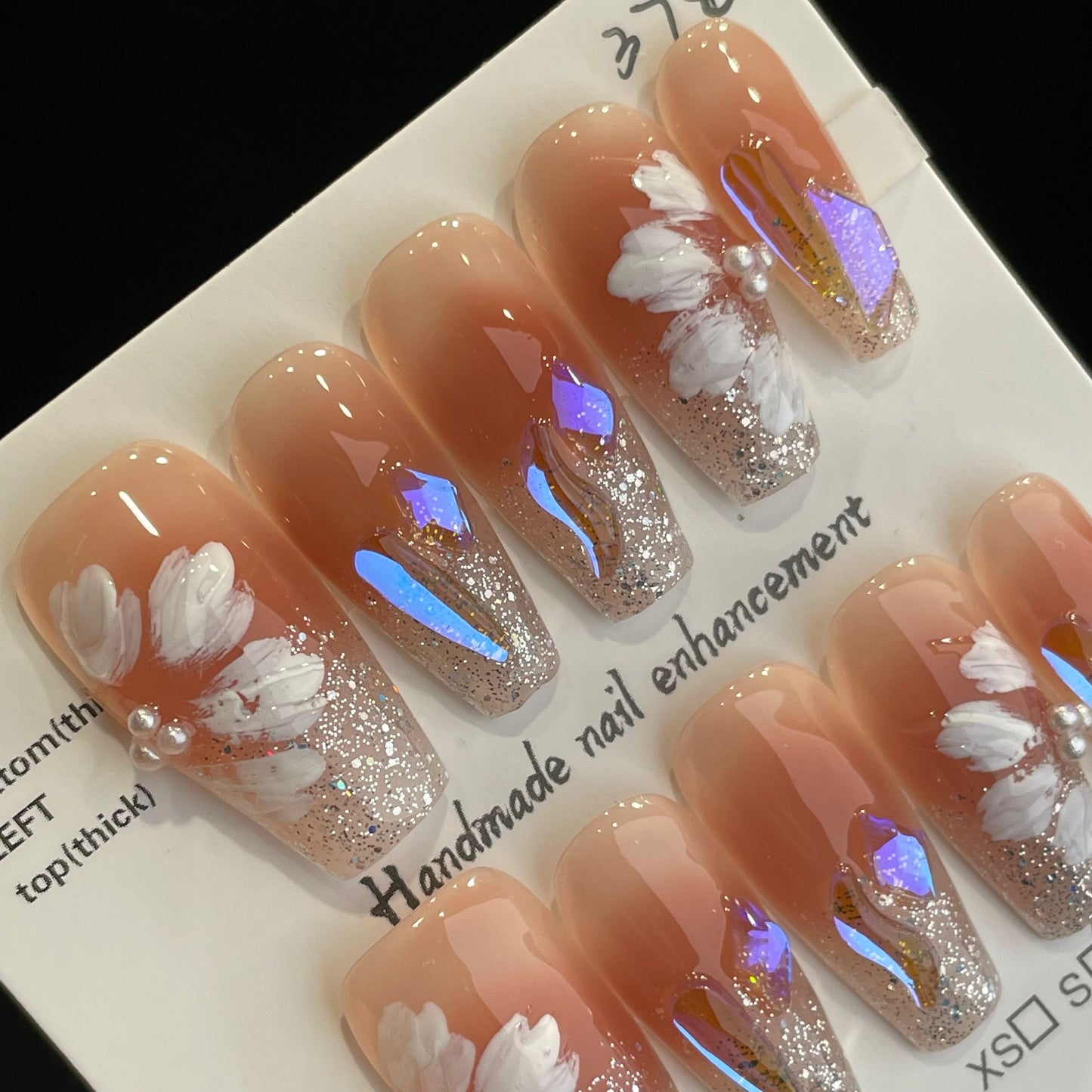 Handmade Press On Nails Long Coffin Beautiful petals