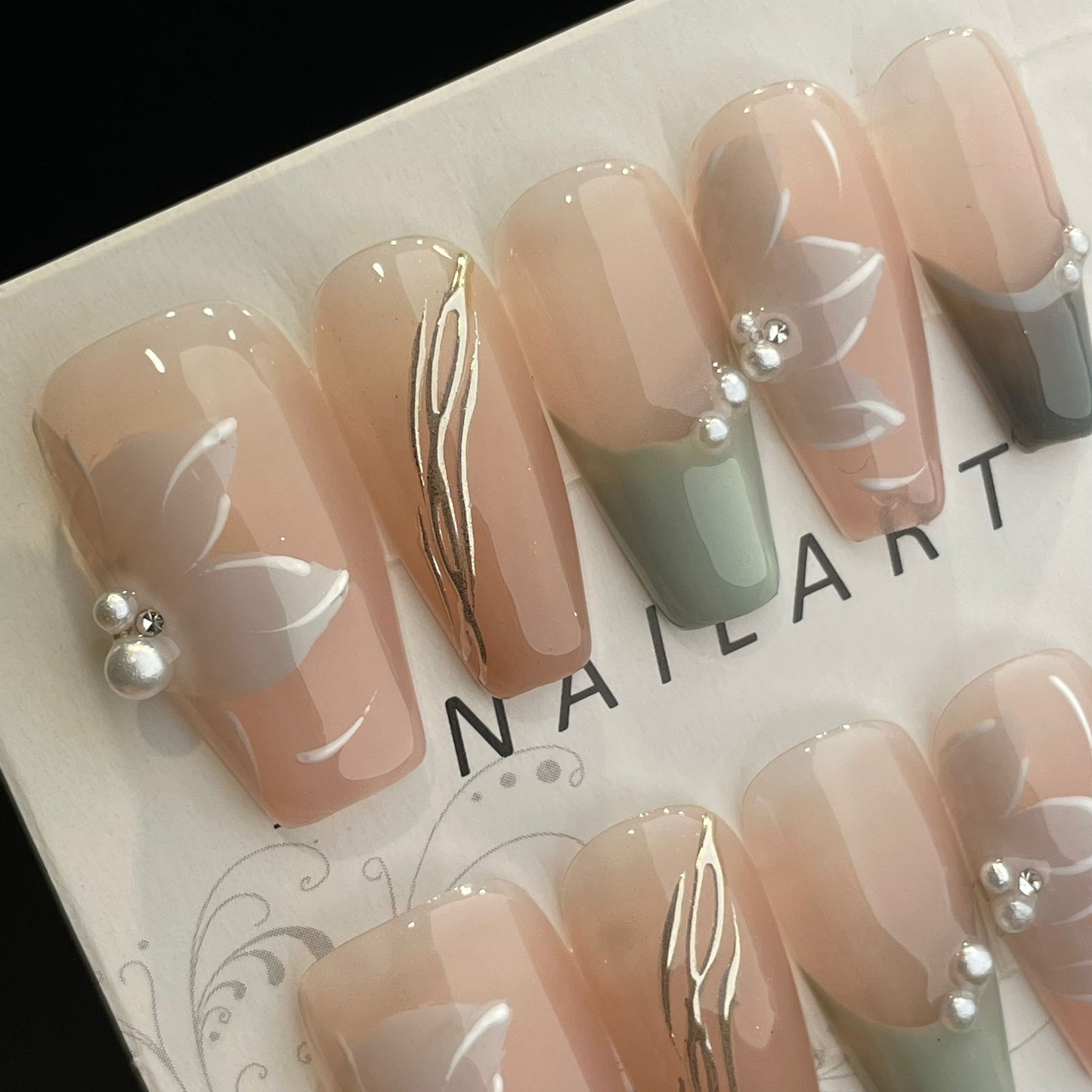 Handmade Press On Nails Long Coffin Elegant petal-DaiRS