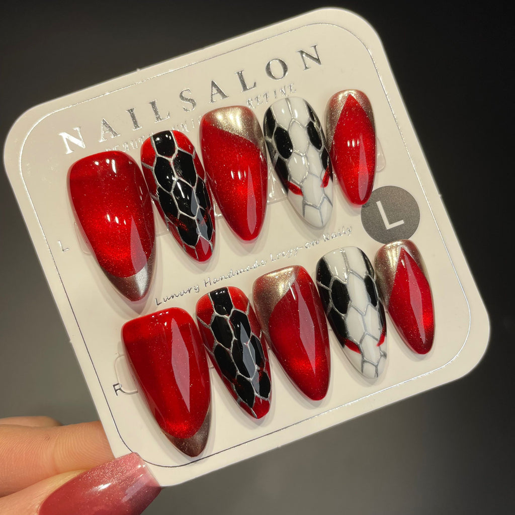 Handmade Press On Nails Medium Stiletto Red gold Medusa