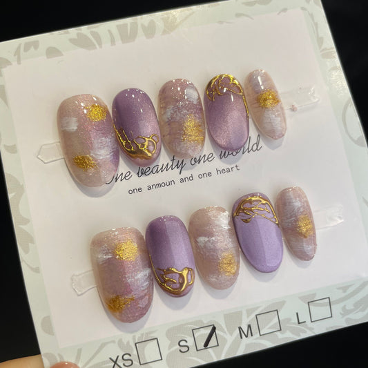 Handmade Press On Nails Short Oval Purple gold Cloud