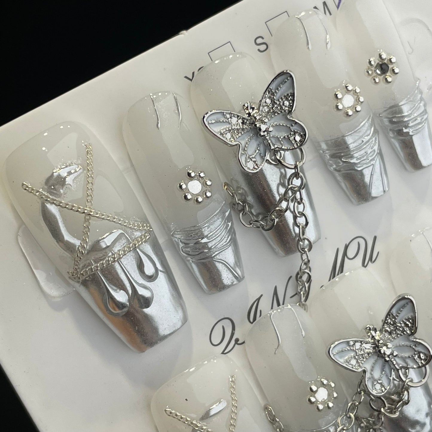 Handmade Press On Nails Long Coffin Silver French butterfly-QingM