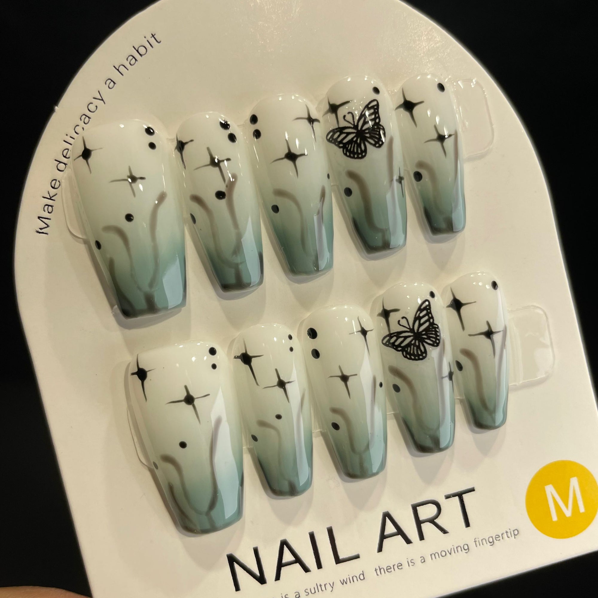 Handmade Press On Nails Long Coffin Green butterfly-YiH