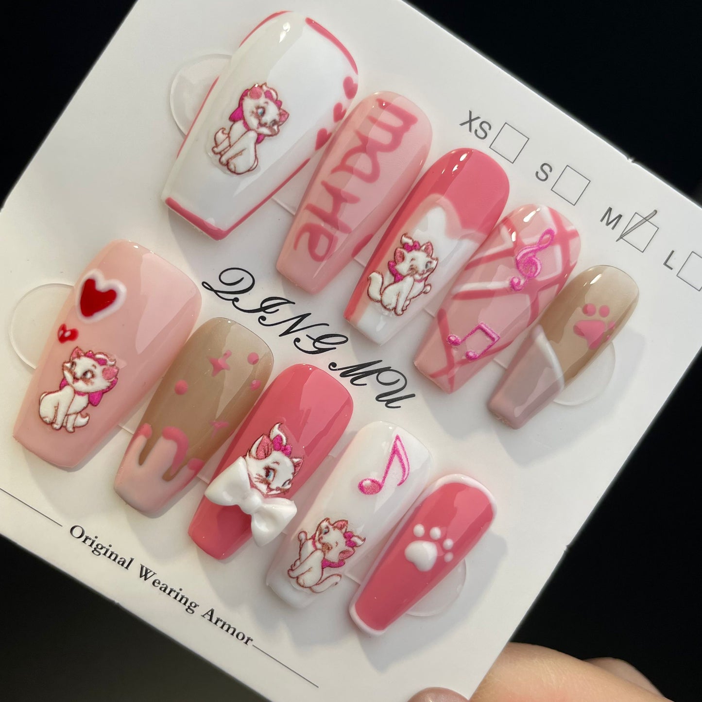 Handmade Press On Nails Long Coffin Rose pink sexy Mary cat-QingM