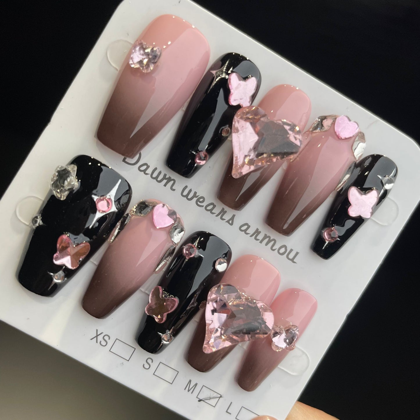 Handmade Press On Nails Long Coffin Black pink heart-XiXX